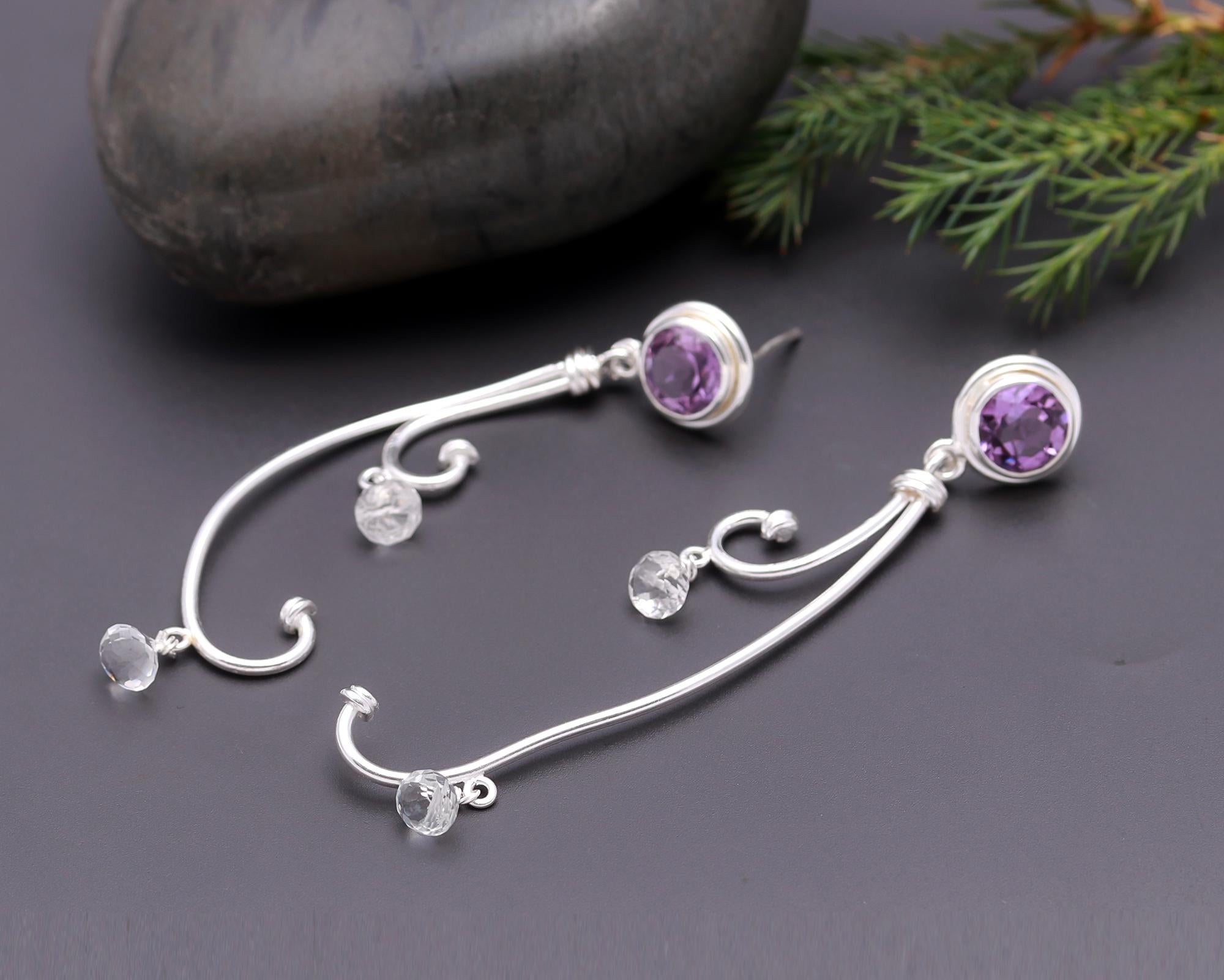 925 Silver Amethyst and Crystal Quartz Long Swirl Earrings