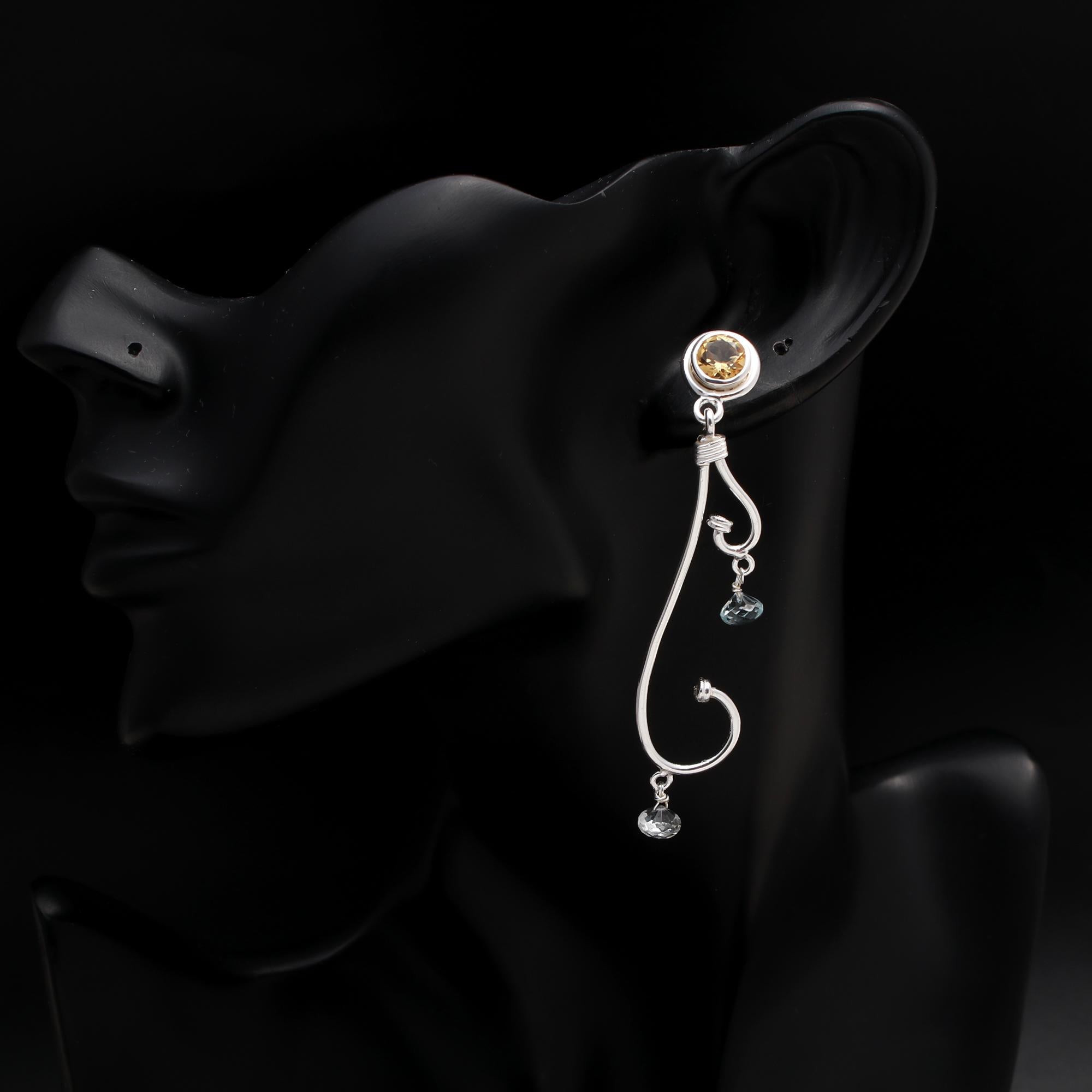 925 Silver Citrine and Crystal Quartz Long Swirl Earrings