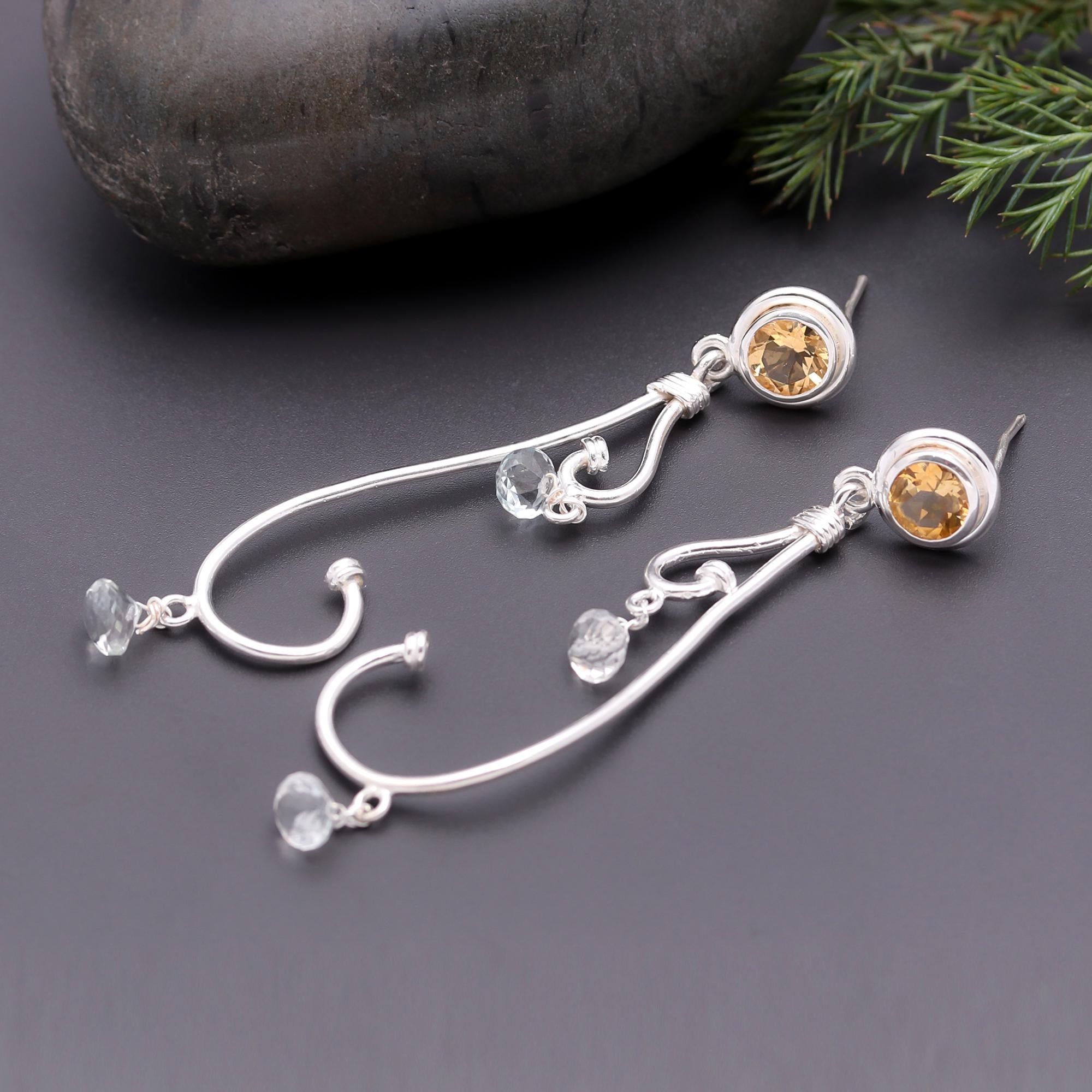 925 Silver Citrine and Crystal Quartz Long Swirl Earrings