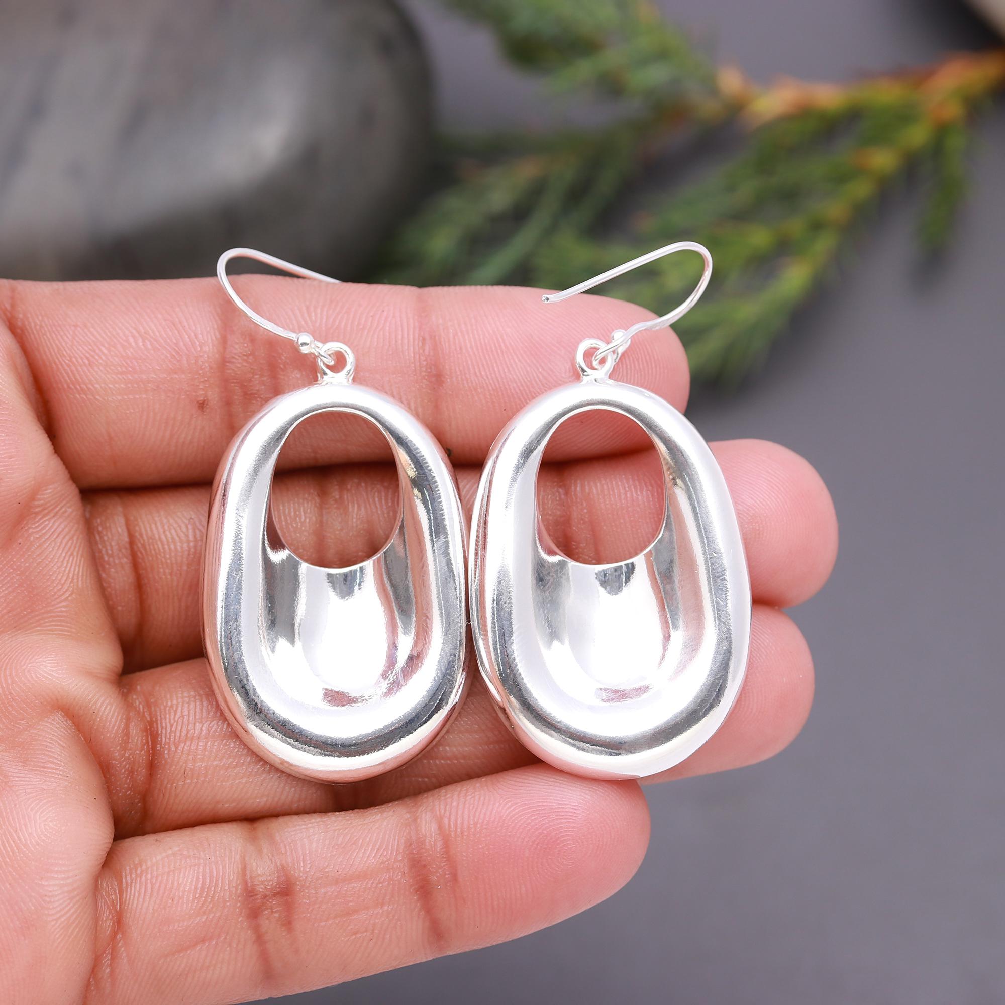 925 Silver Oval Hoop Dangle Earrings