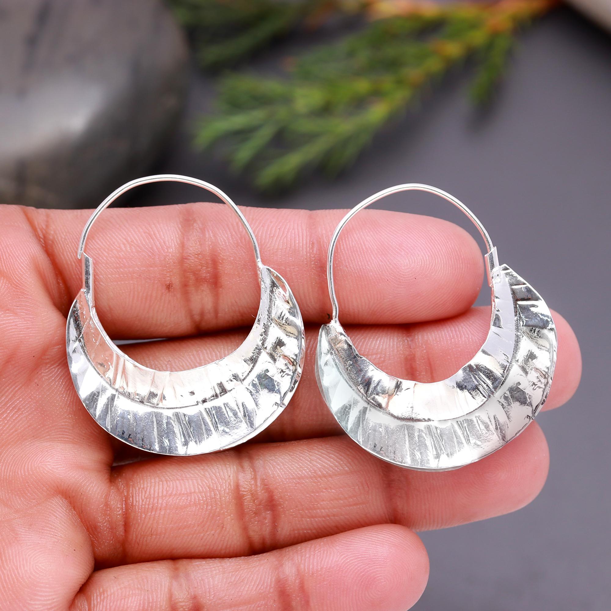 925 Silver Hammered Crescent Hoop Earrings