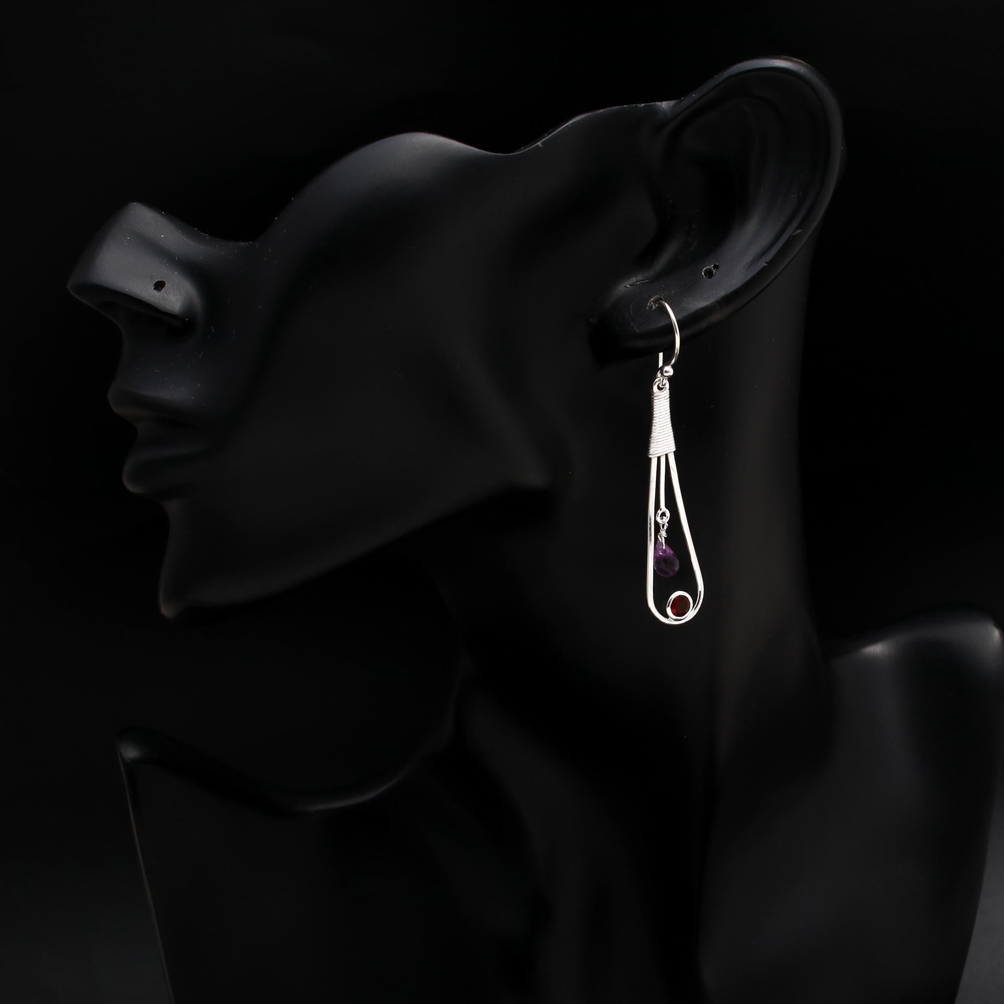 925 Silver Amethyst and Garnet Wire Drop Earrings