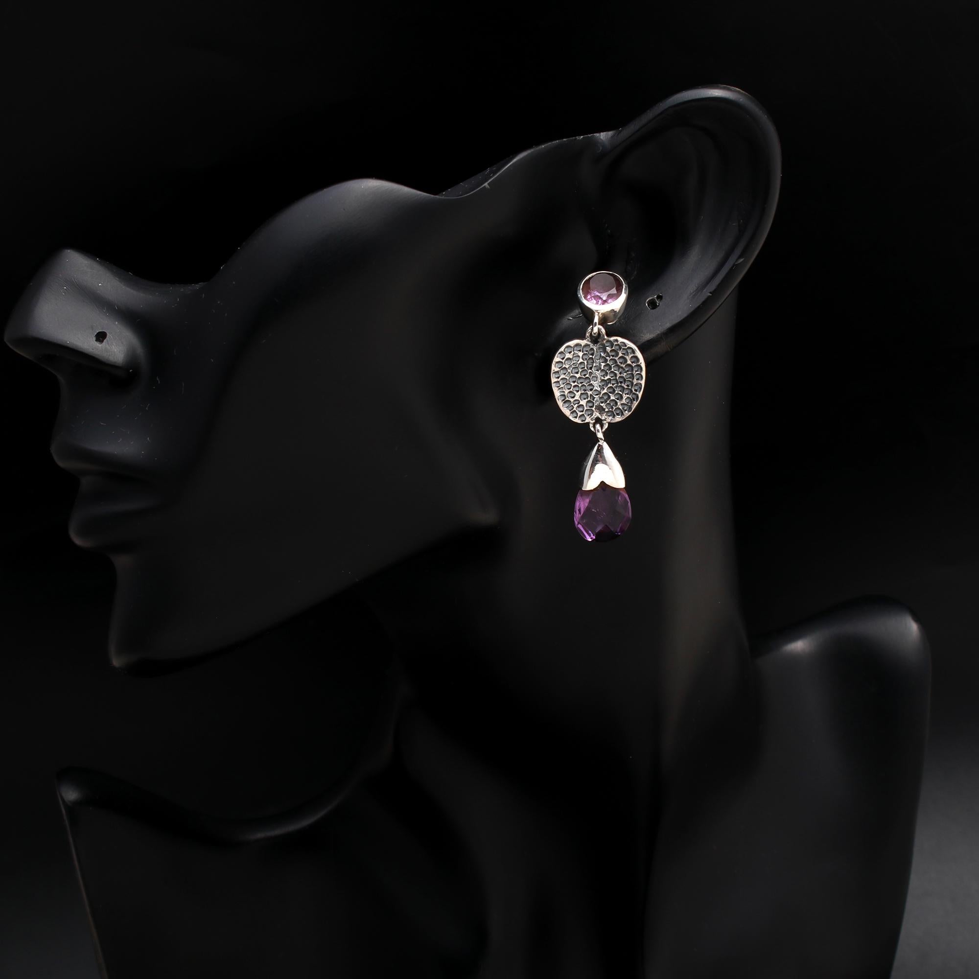925 Silver Amethyst Textured Heart Drop Earrings