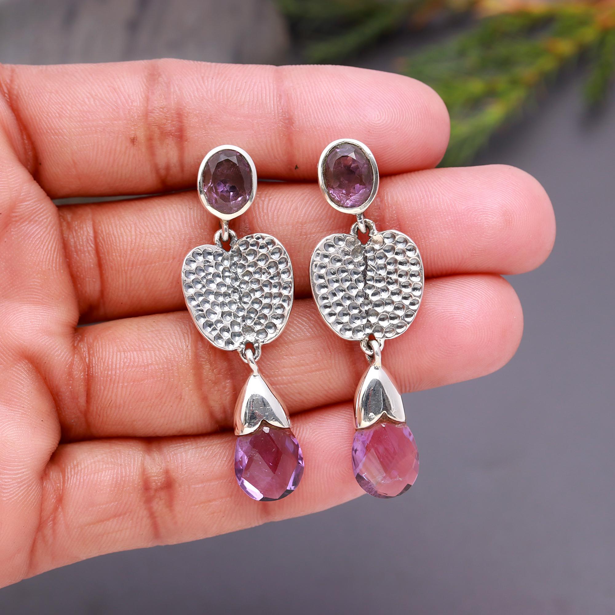 925 Silver Amethyst Textured Heart Drop Earrings