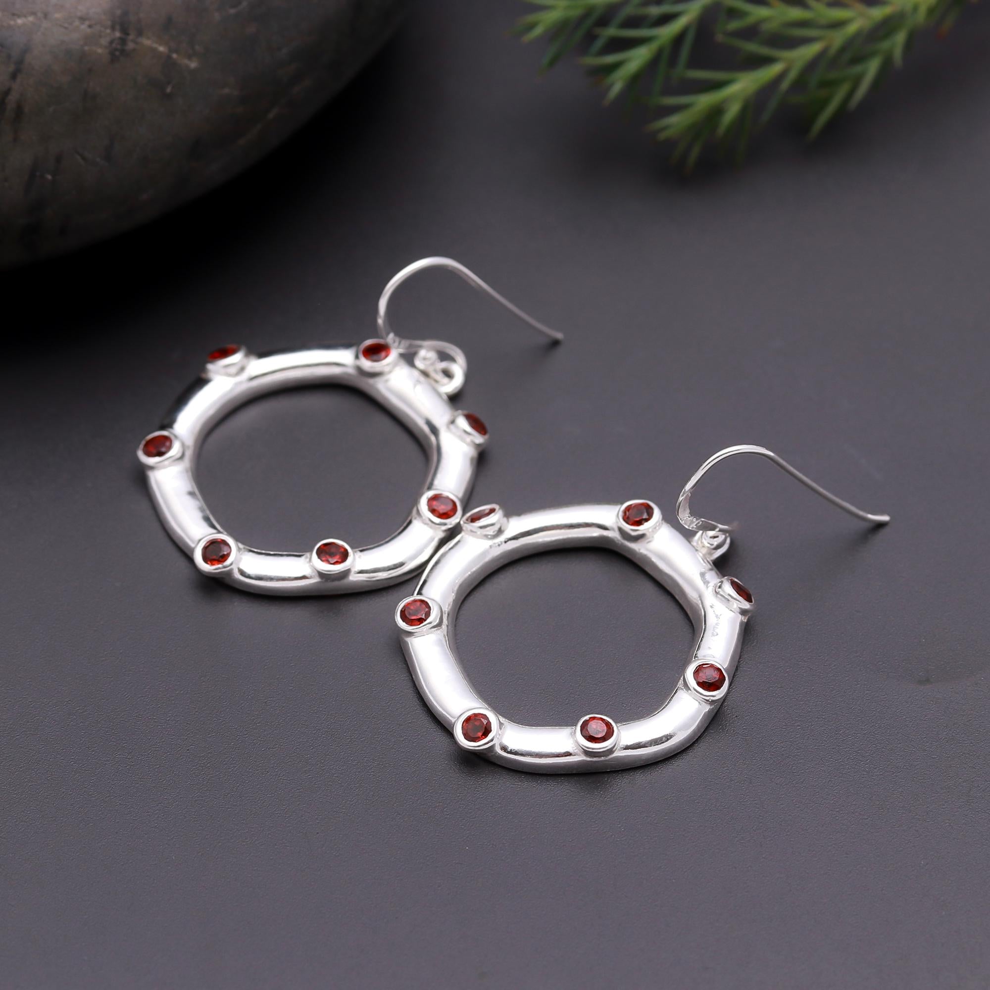 925 Silver Circle Garnet Dangle Earrings