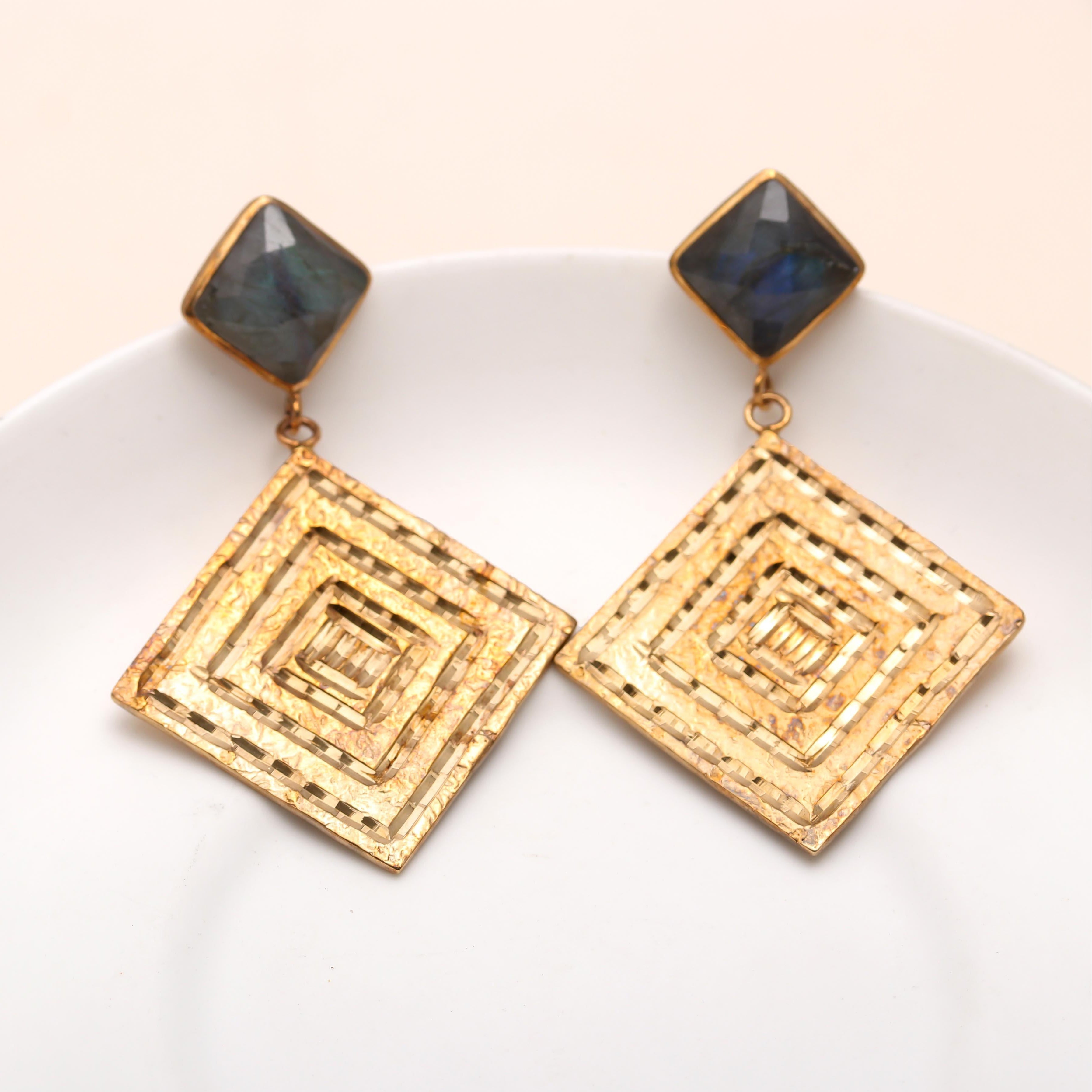 The Aztec Maze: Gold Hammered Drop Earrings