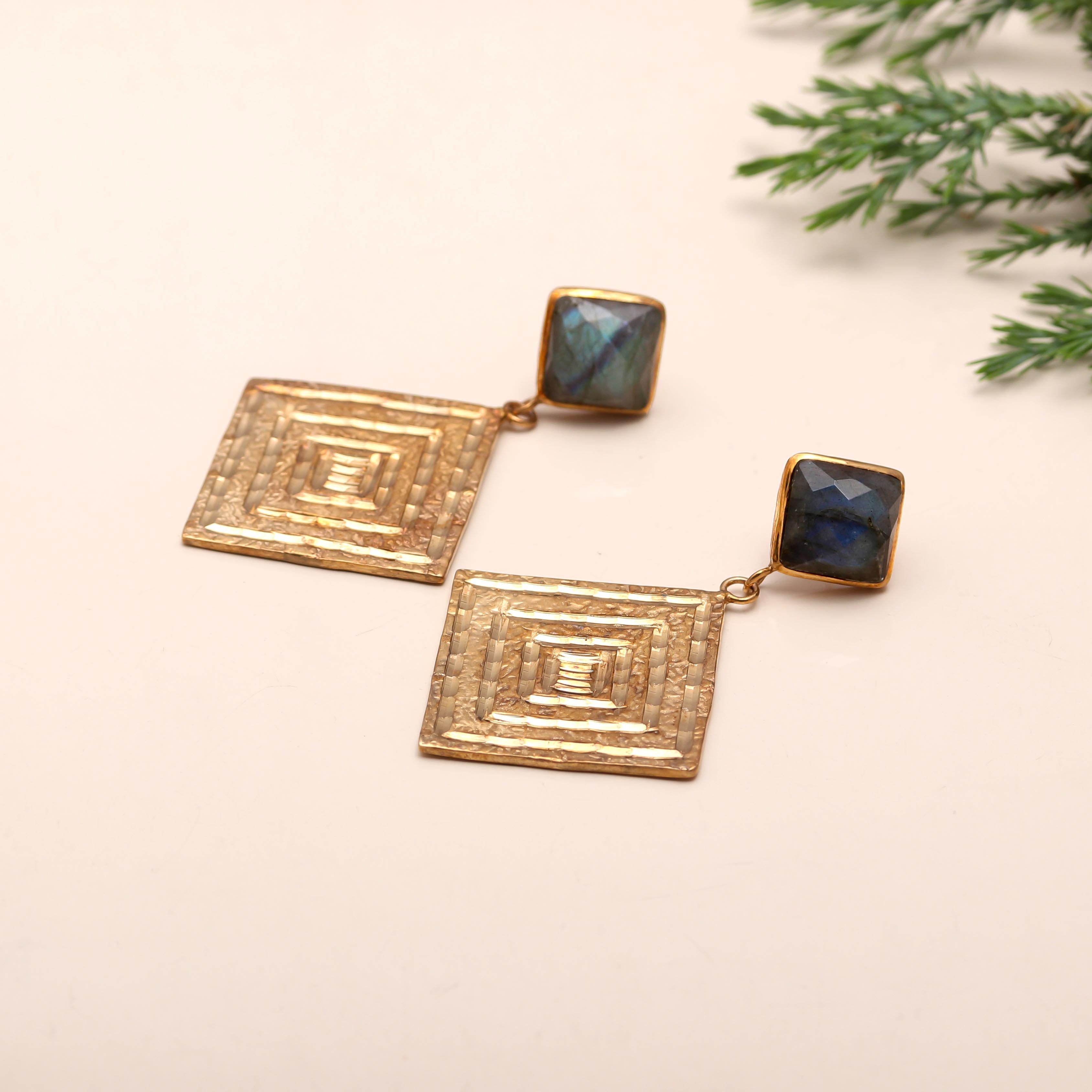 925 Silver Labradorite Square Drop Earrings