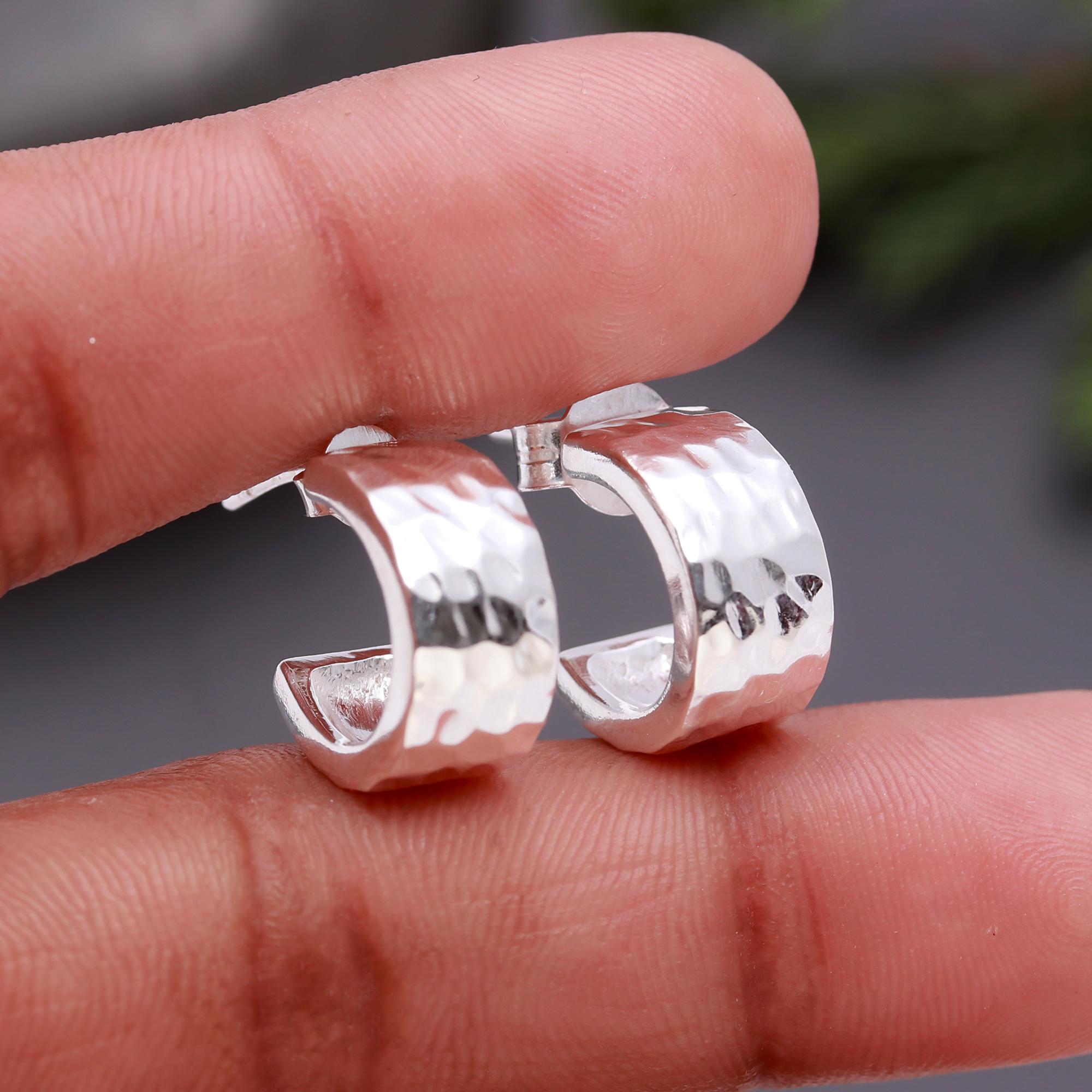 925 Silver Textured Half Hoop Stud Earrings