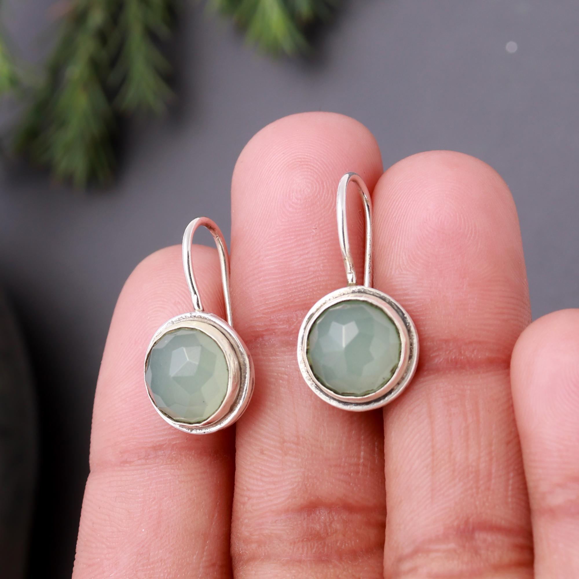 925 Silver Green Chalcedony Dangle Earrings