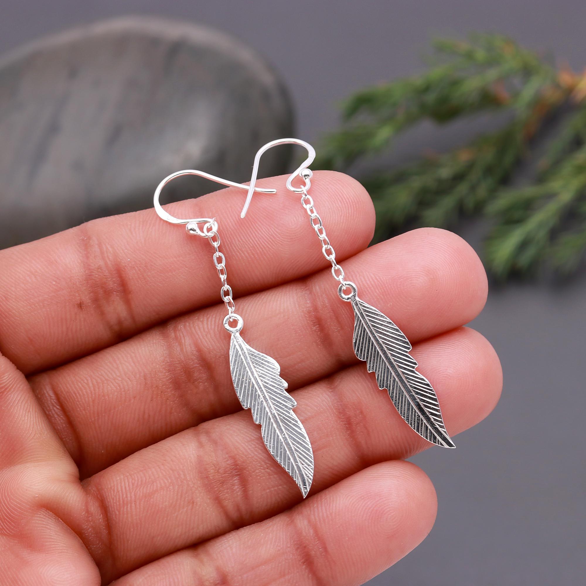 925 Silver Feather Leaf Dangle Earrings