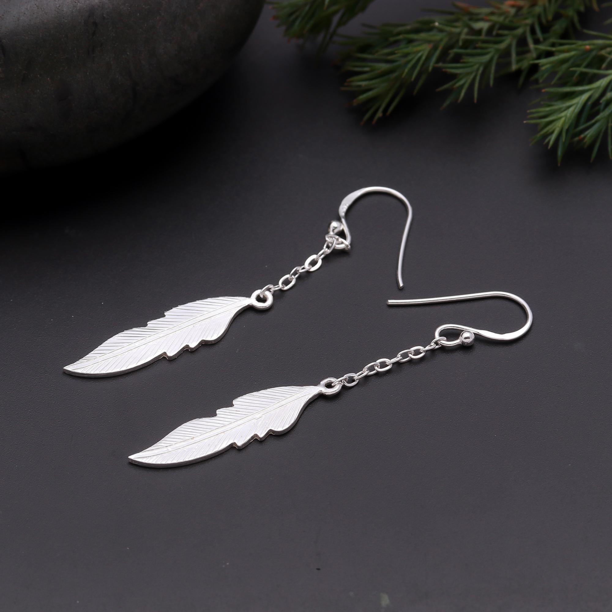 925 Silver Feather Leaf Dangle Earrings
