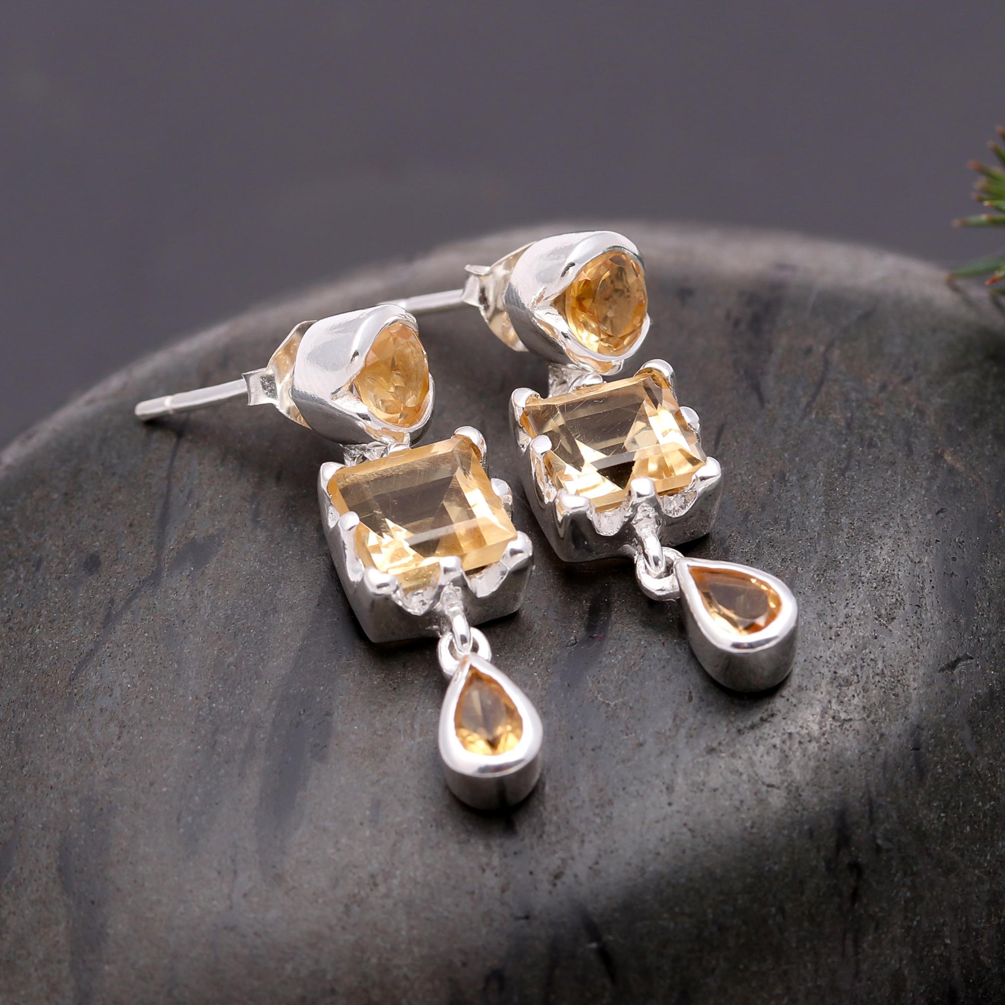 925 Silver Citrine Multi-Shaped Dangle Earrings