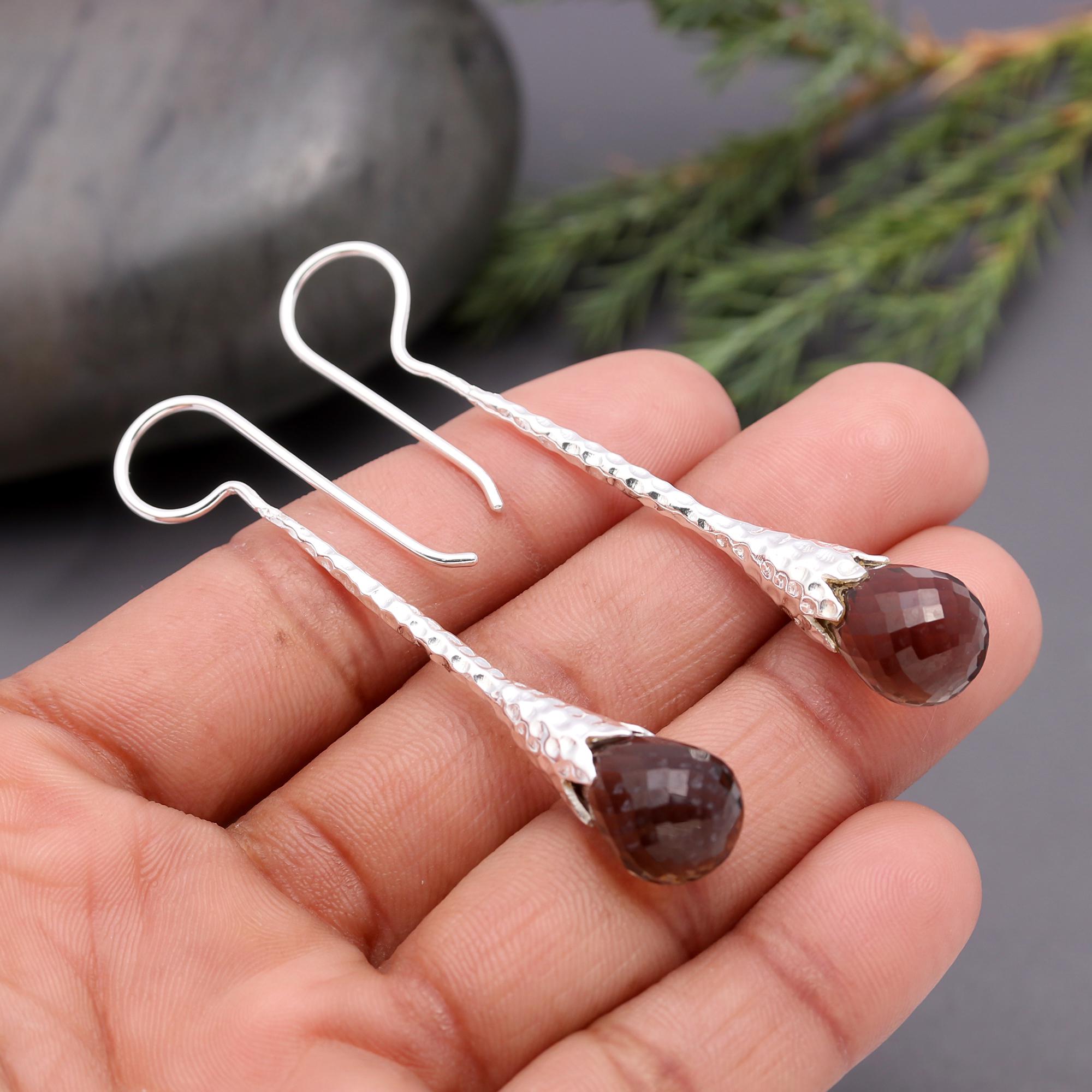 925 Silver Smoky Quartz Textured Long Drop Earrings