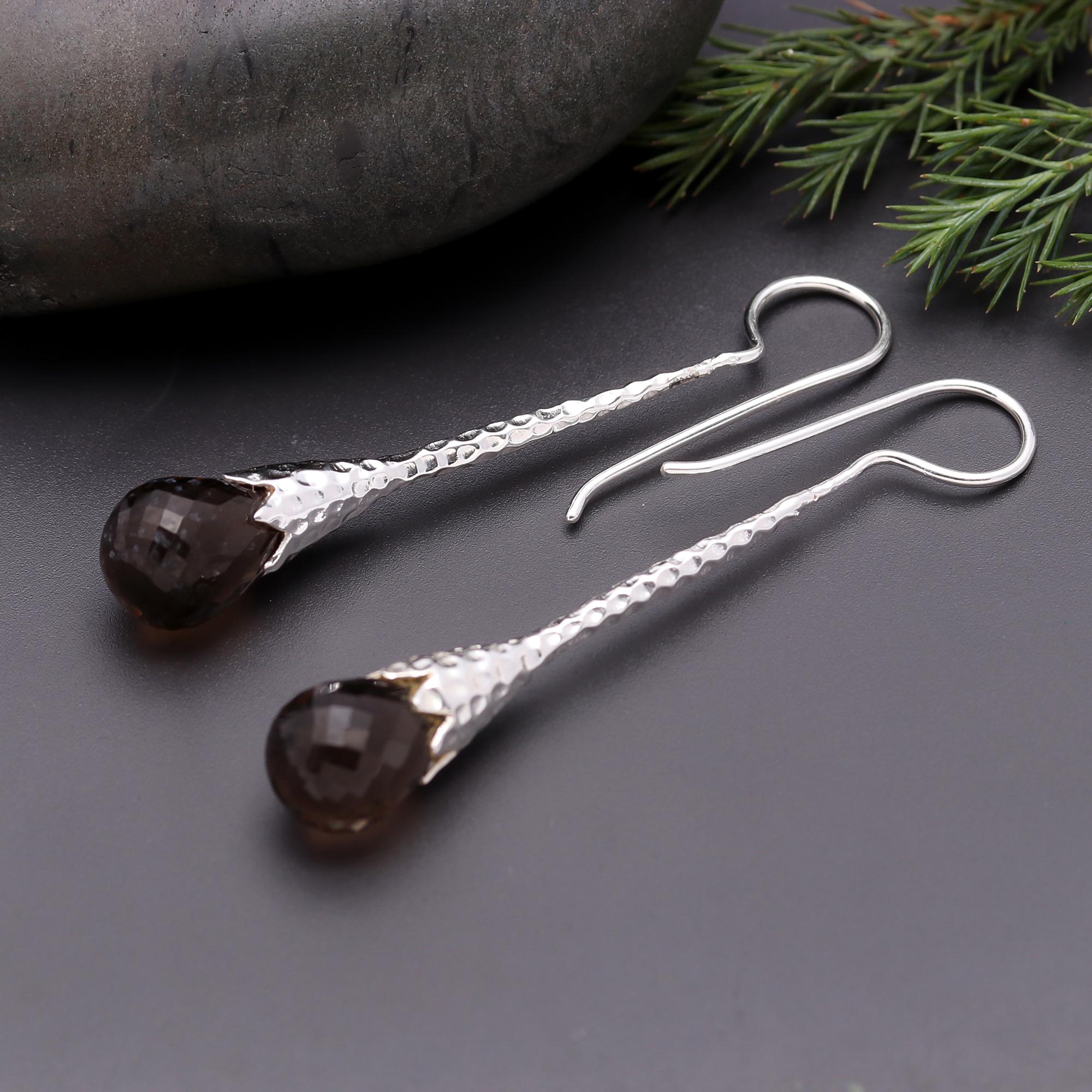 925 Silver Smoky Quartz Textured Long Drop Earrings