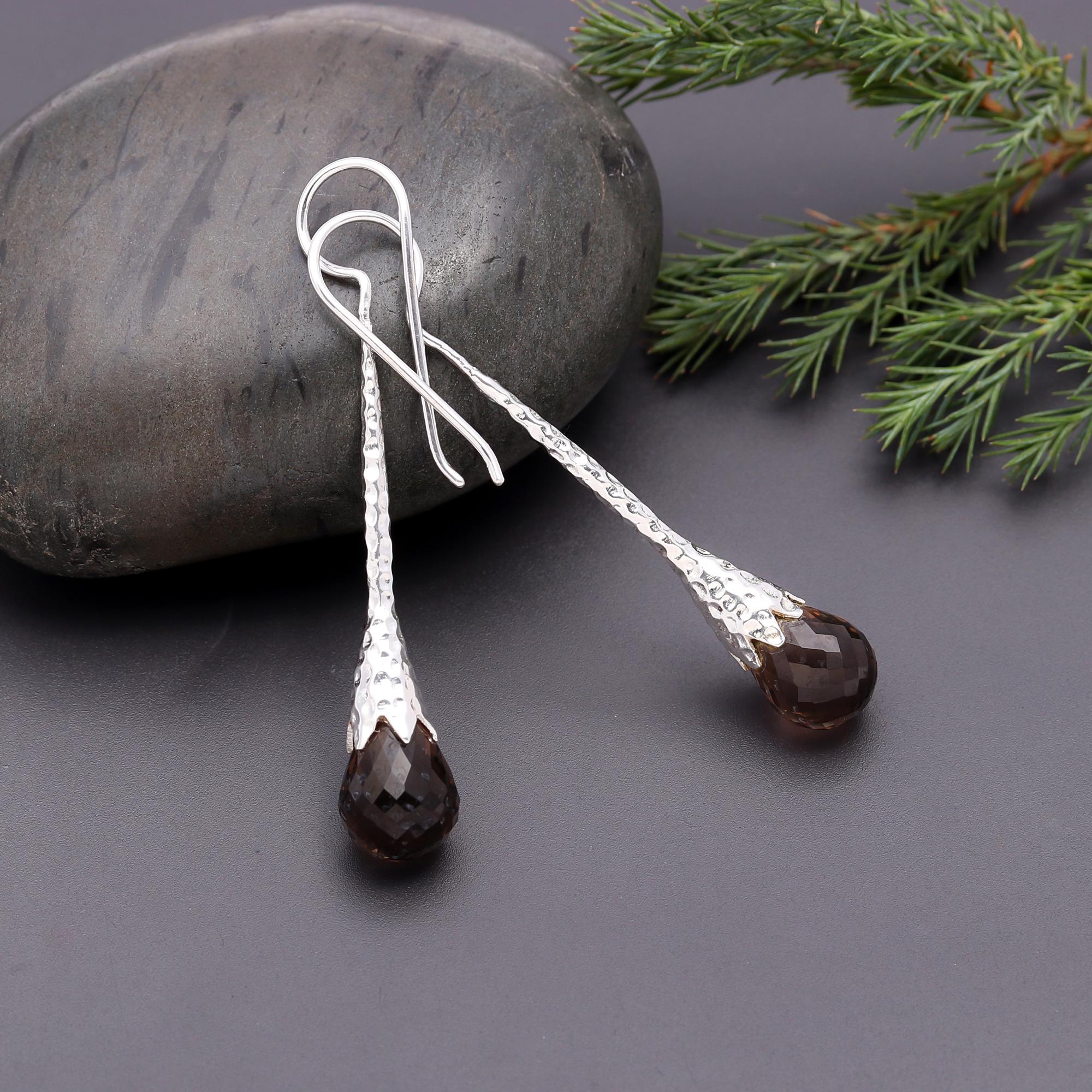 925 Silver Smoky Quartz Textured Long Drop Earrings