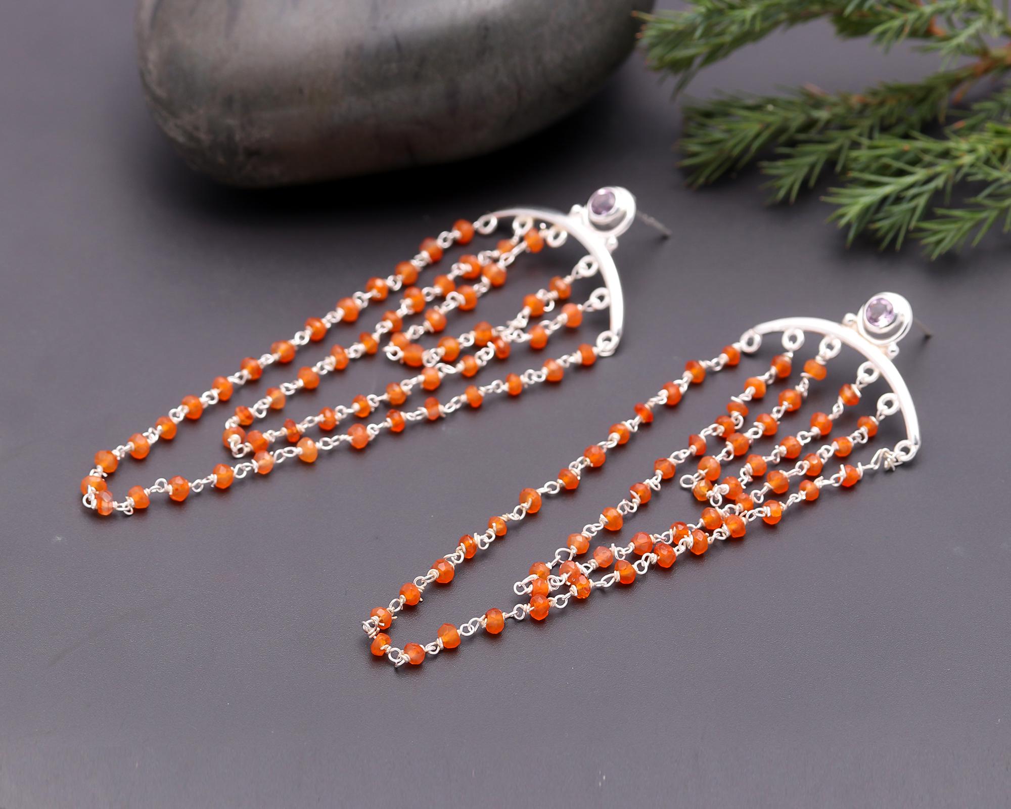 925 Silver Carnelian Beaded Chain Dangle Earrings