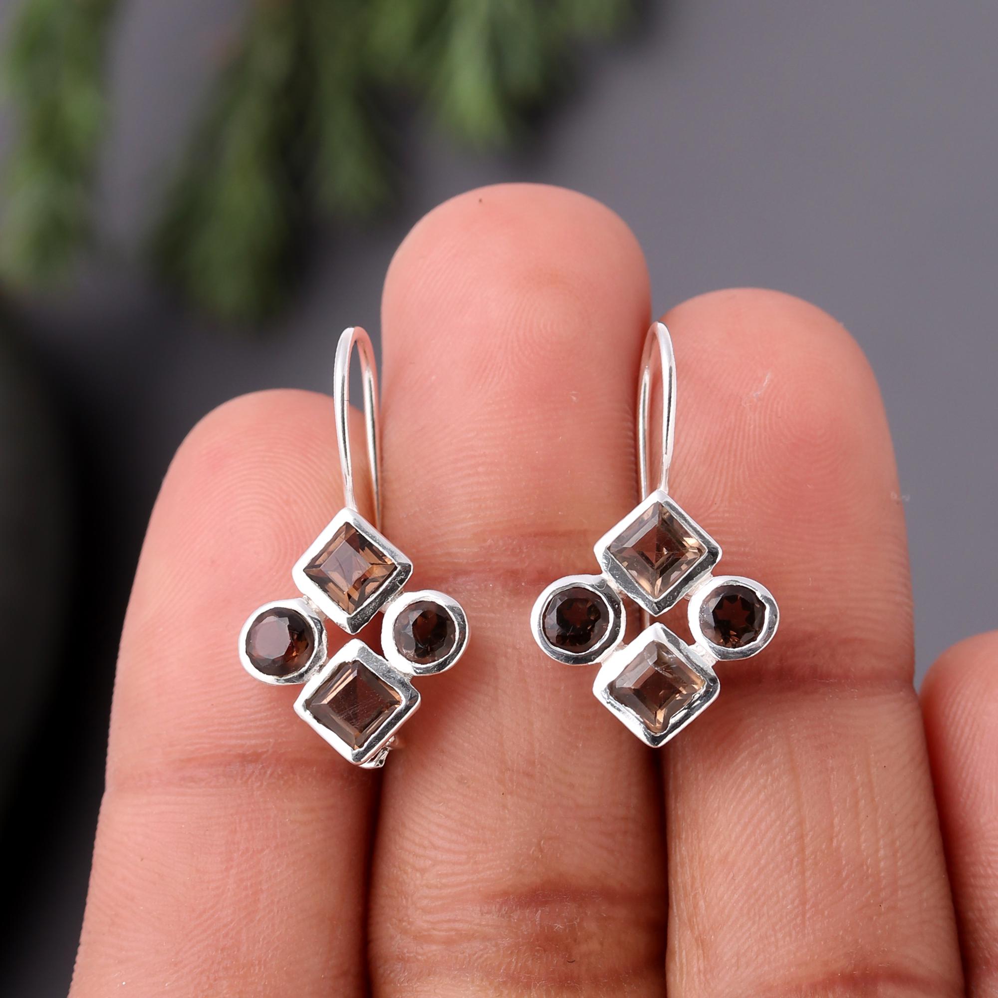 925 Silver Smoky Quartz Cluster Dangle Earrings