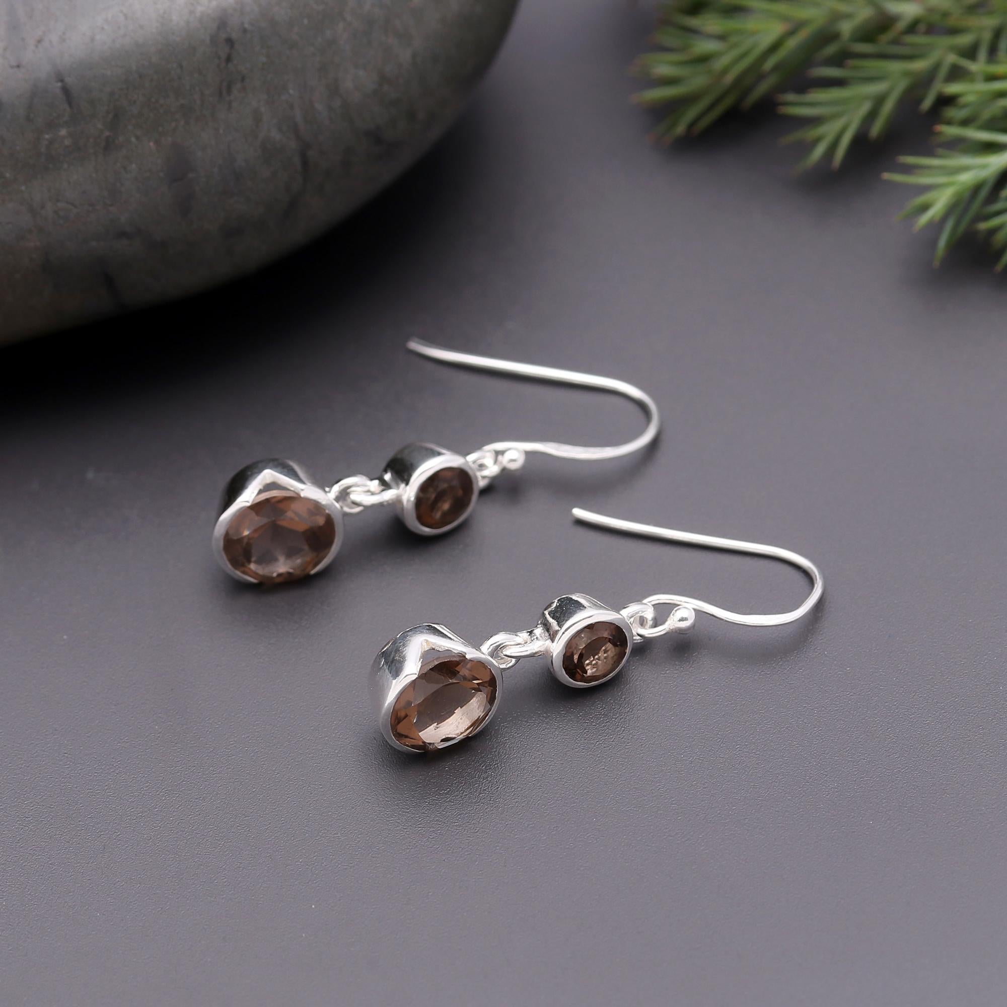925 Silver Double Smoky Quartz Dangle Earrings