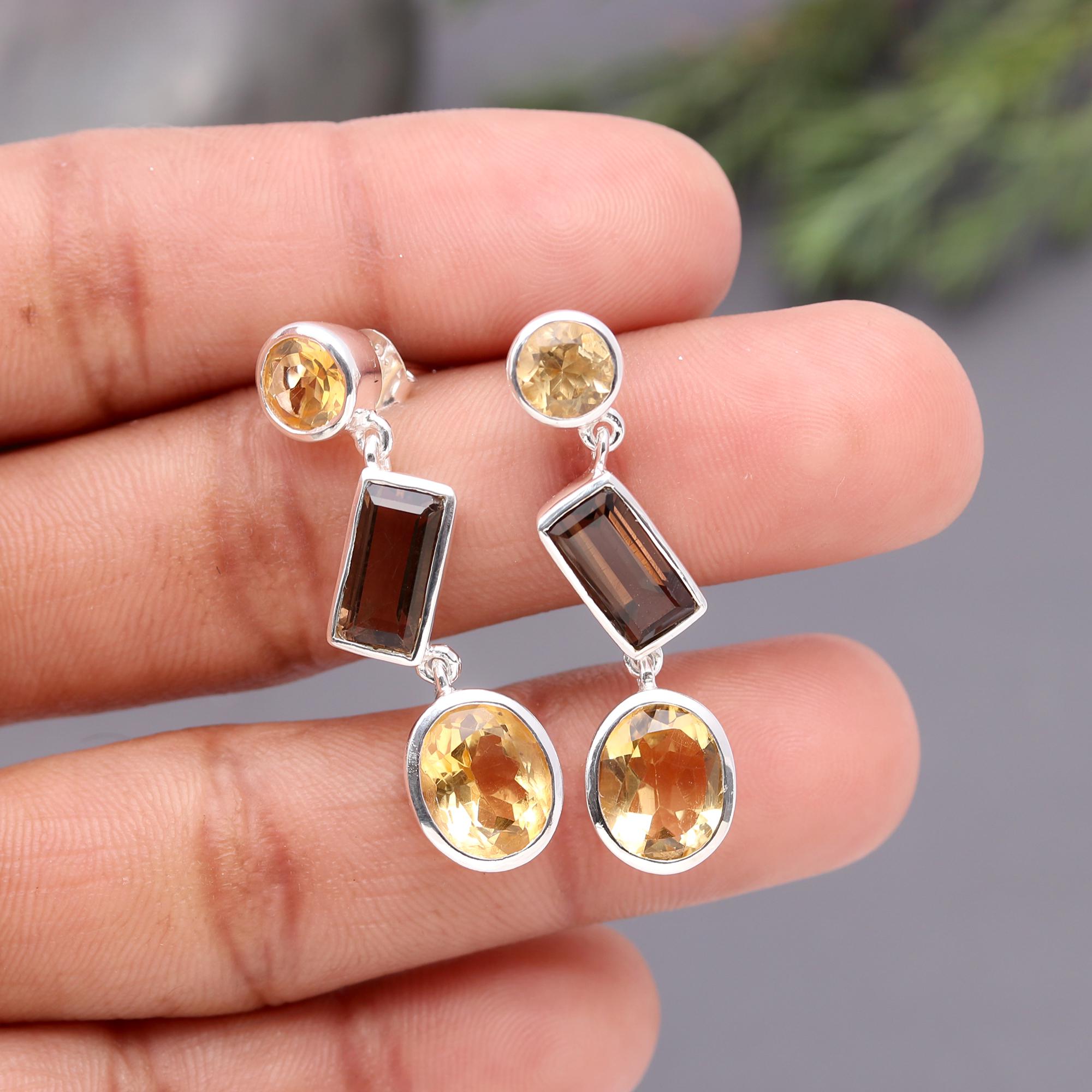 925 Silver Citrine and Smoky Quartz Drop Earrings