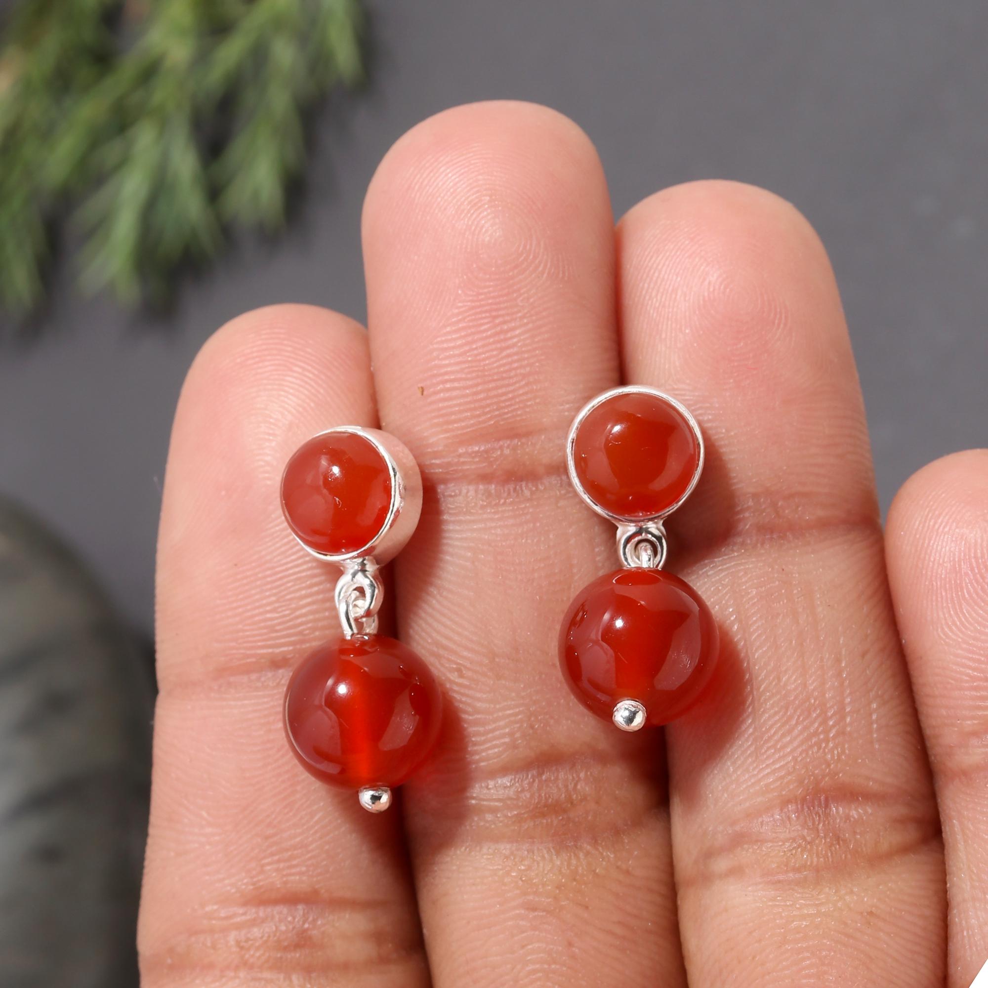 925 Silver Carnelian Double Bead Drop Earrings