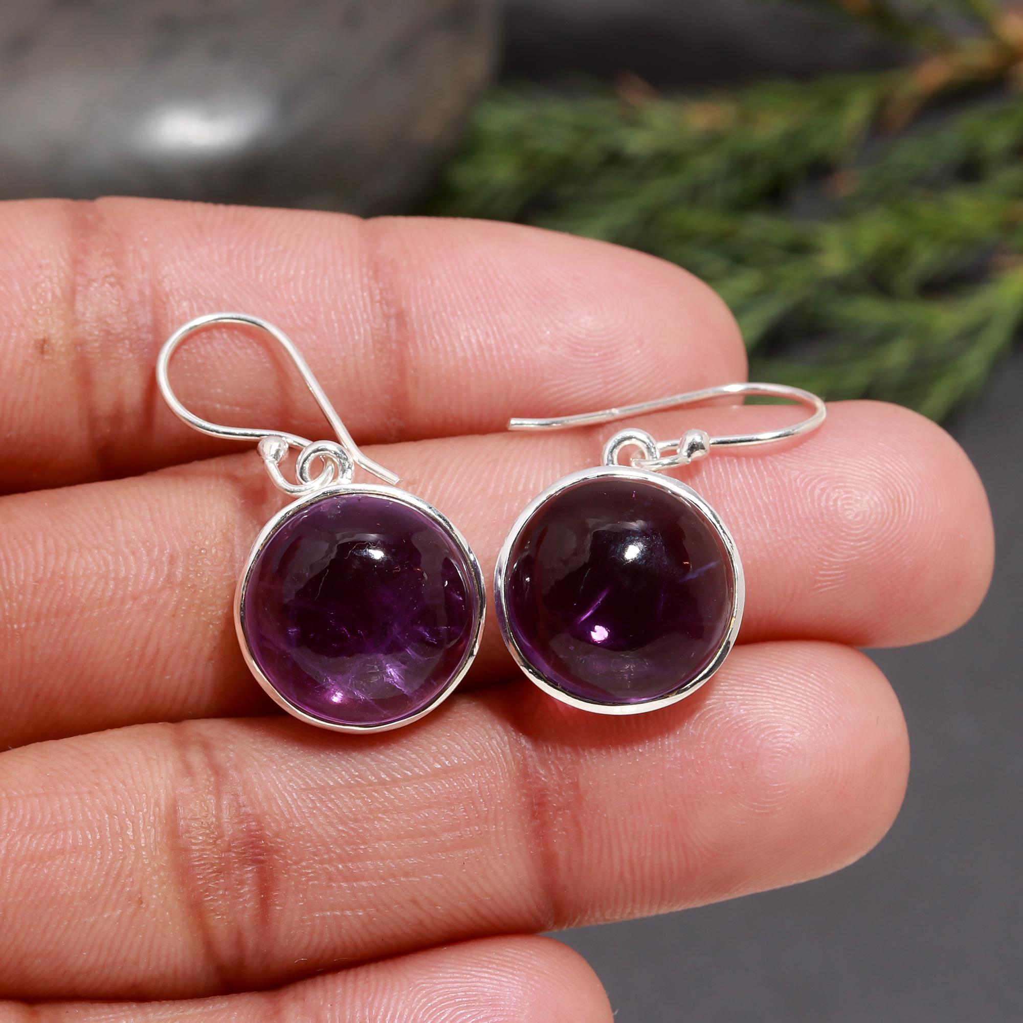 925 Silver Round Amethyst Dangle Earrings