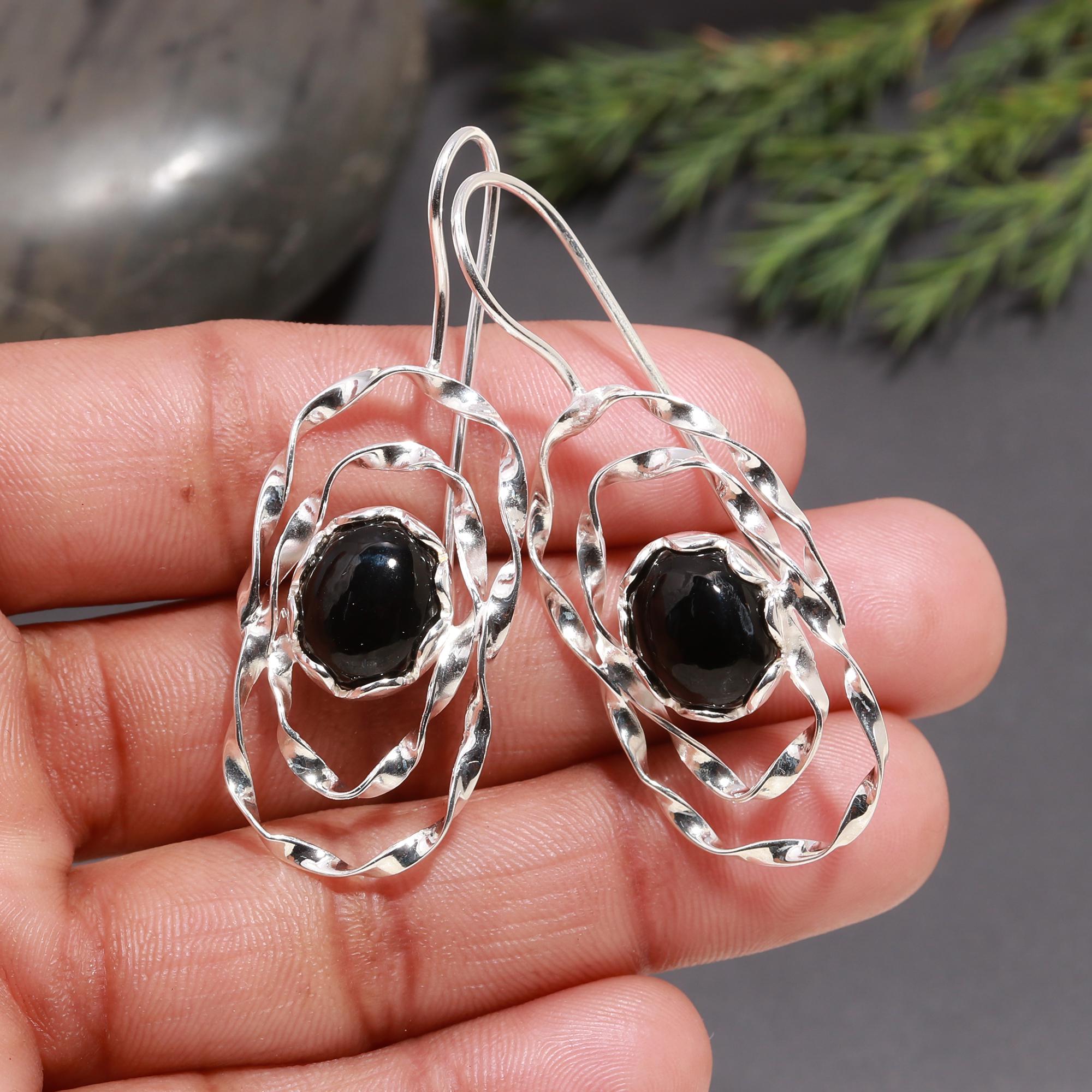 925 Silver Textured Black Onyx Dangle Earrings