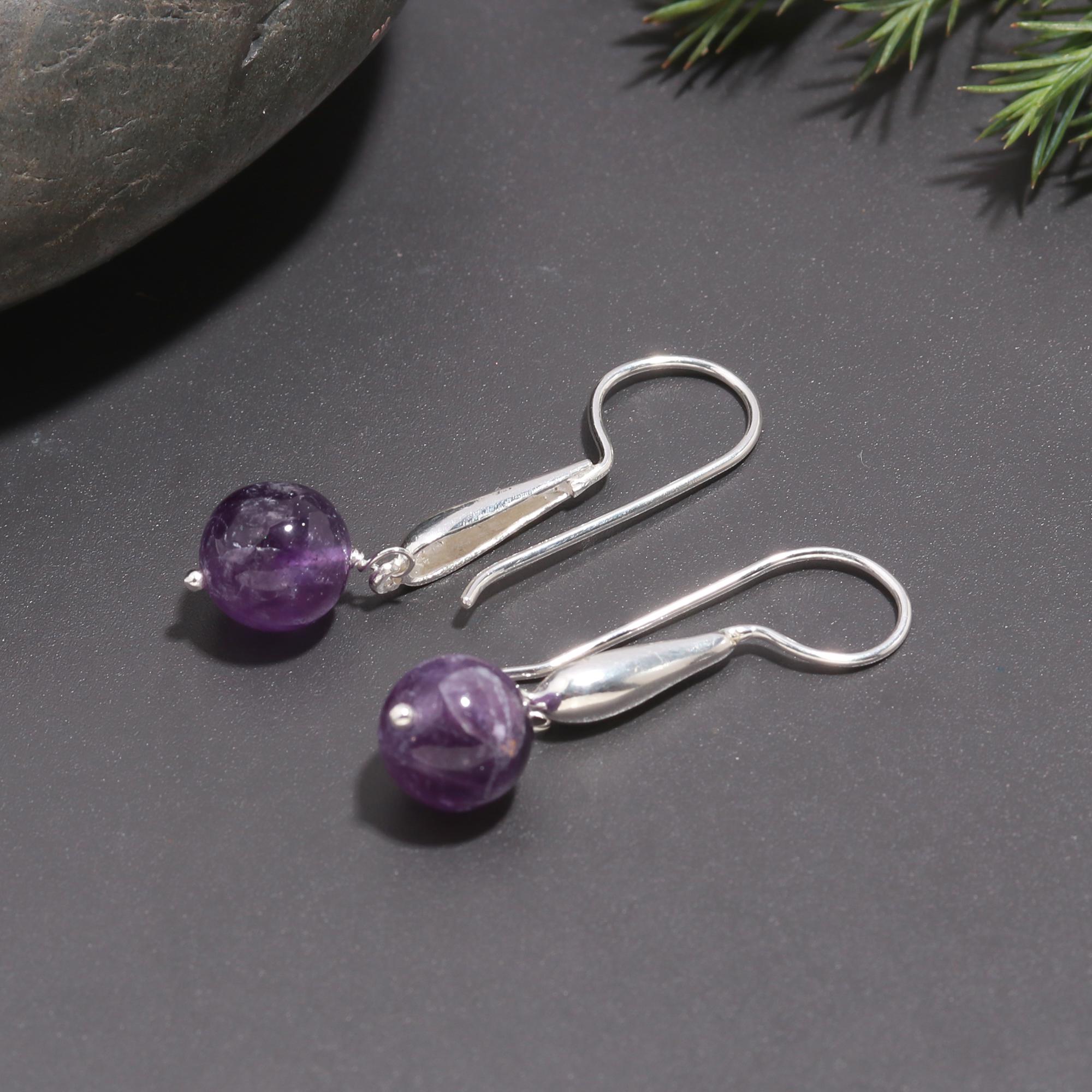 925 Silver Amethyst Round Beads Dangle Earrings