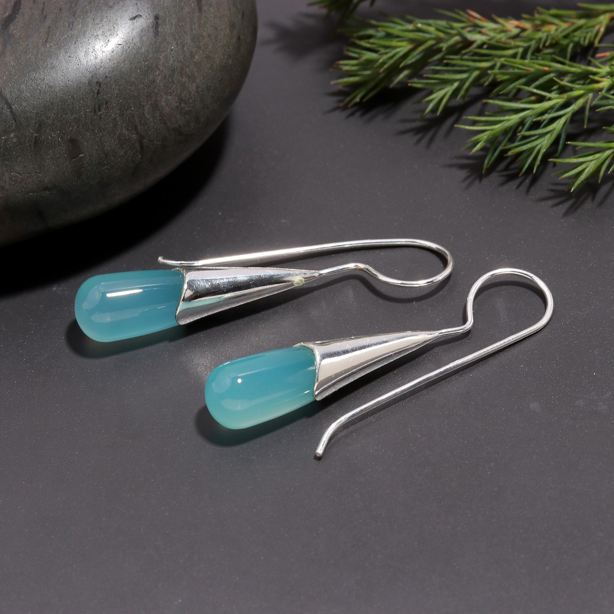 925 Silver Blue Chalcedony Long Drop Earrings