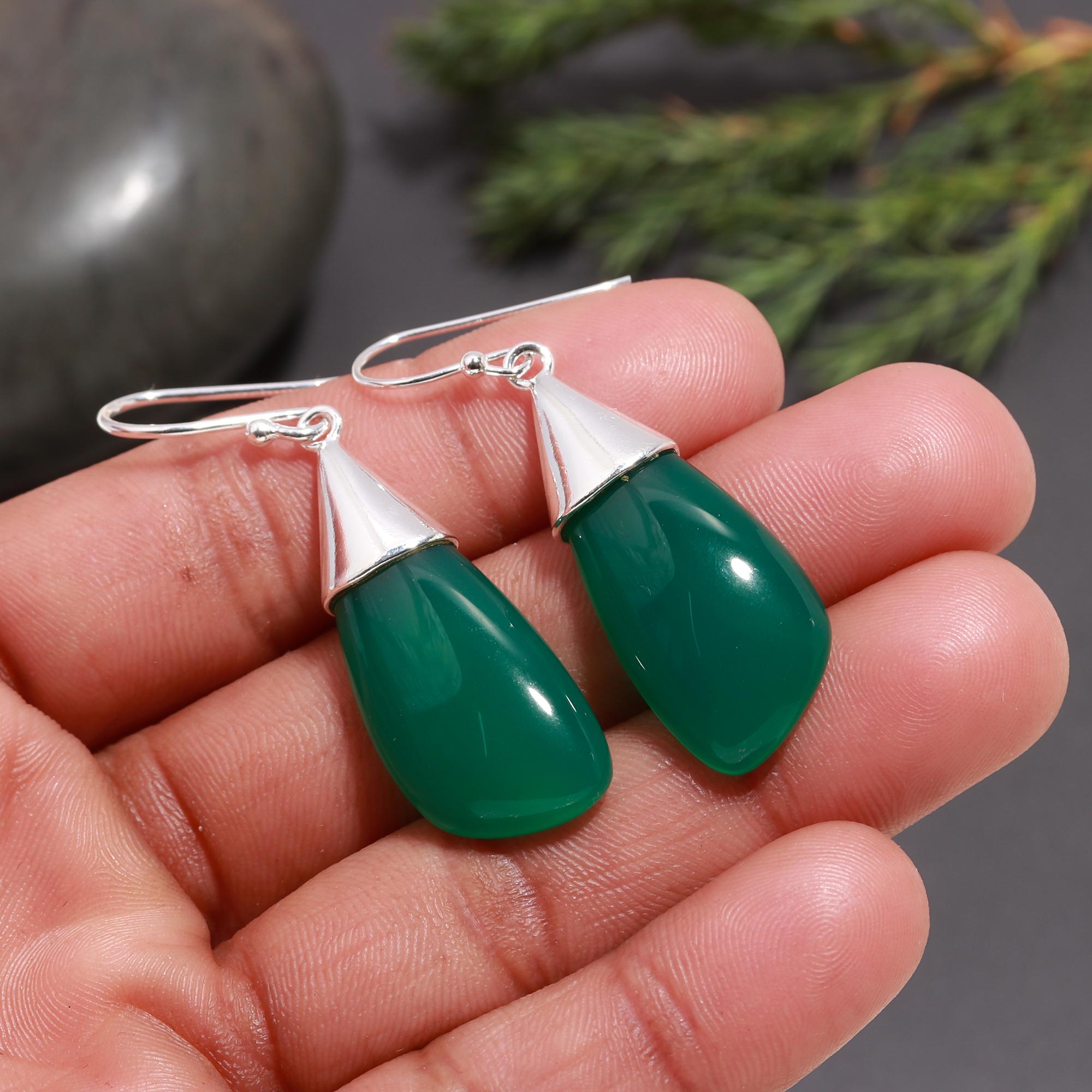 925 Silver Green Onyx Dangle Earrings