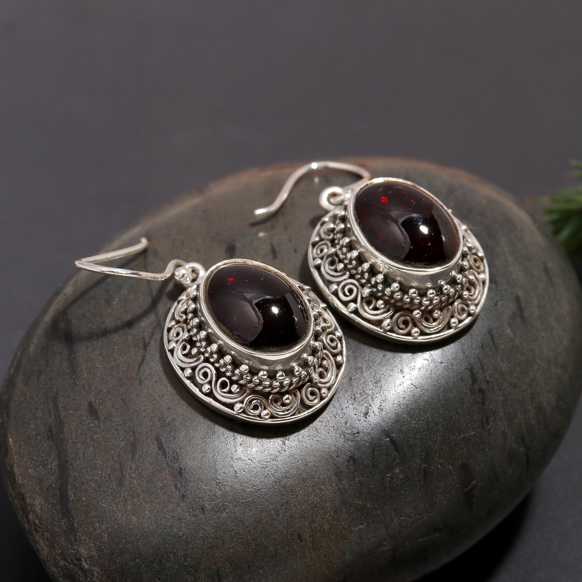 925 Silver Garnet Filigree Dangle Earrings