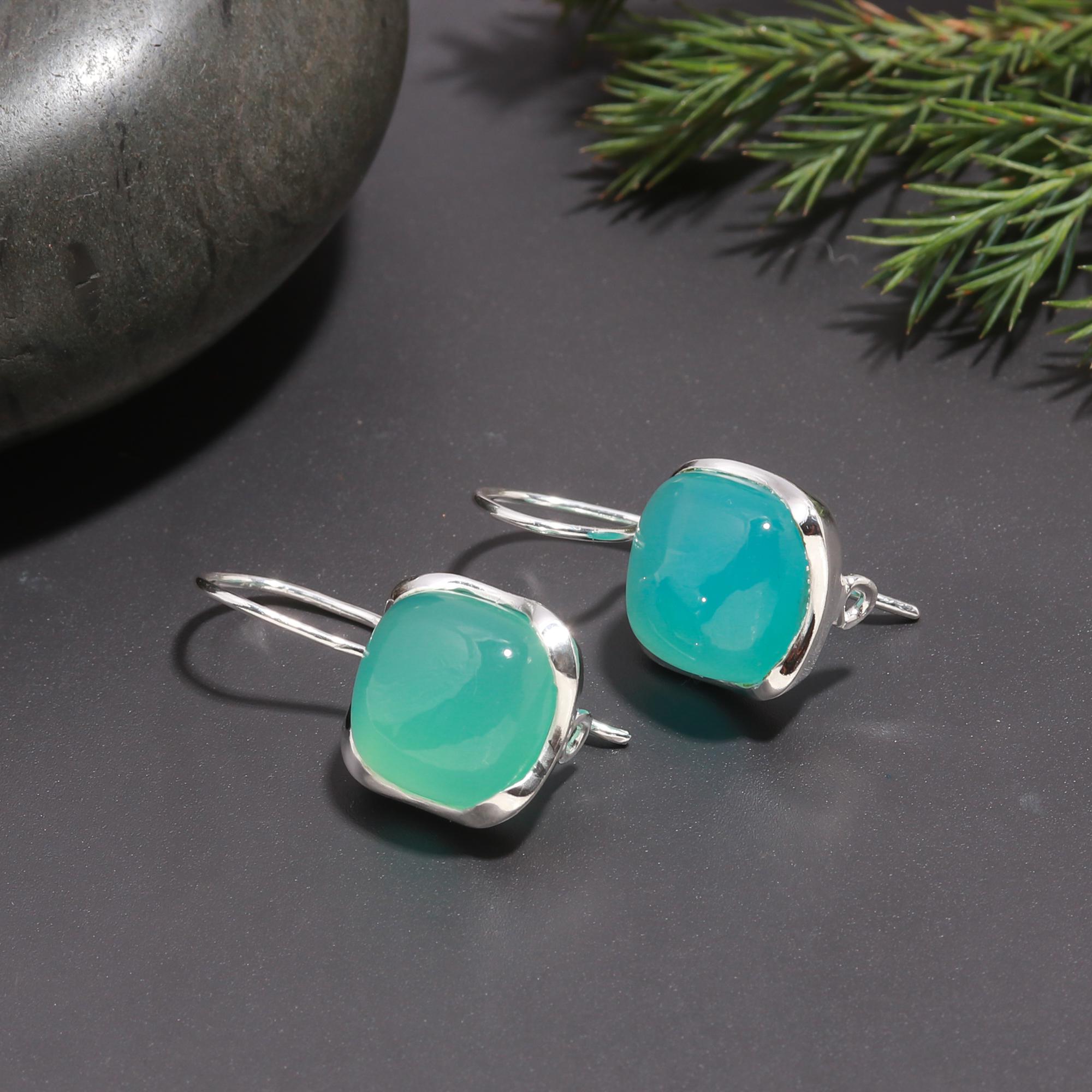 925 Silver Aqua Chalcedony Dangle Earrings