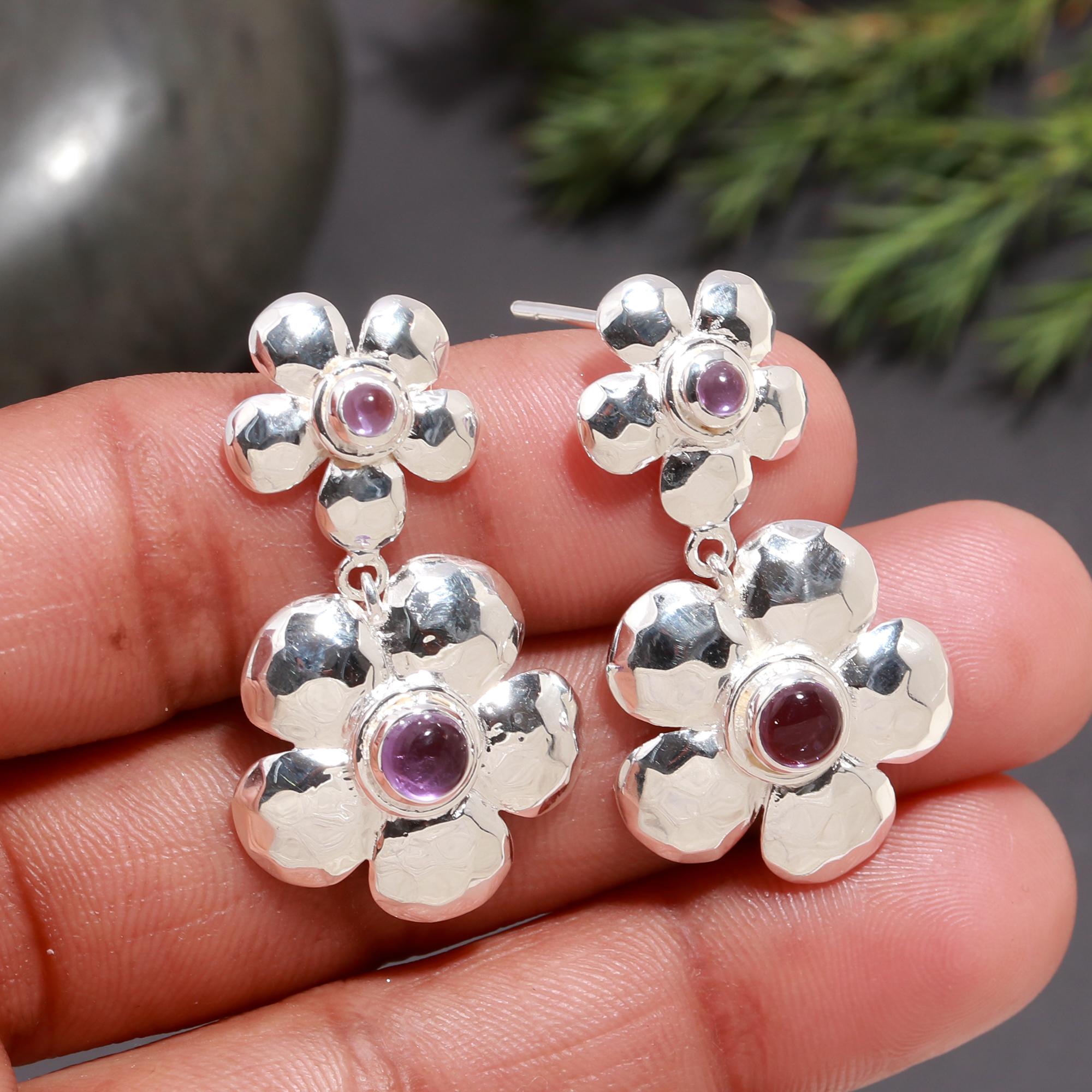 925 Silver Double Flower Amethyst Drop Earrings