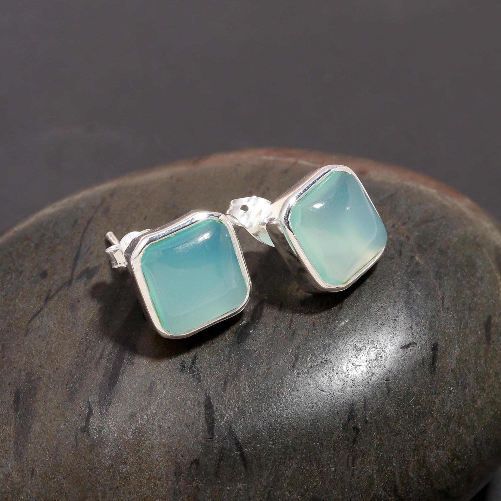 925 Silver Blue Chalcedony Stud Earrings