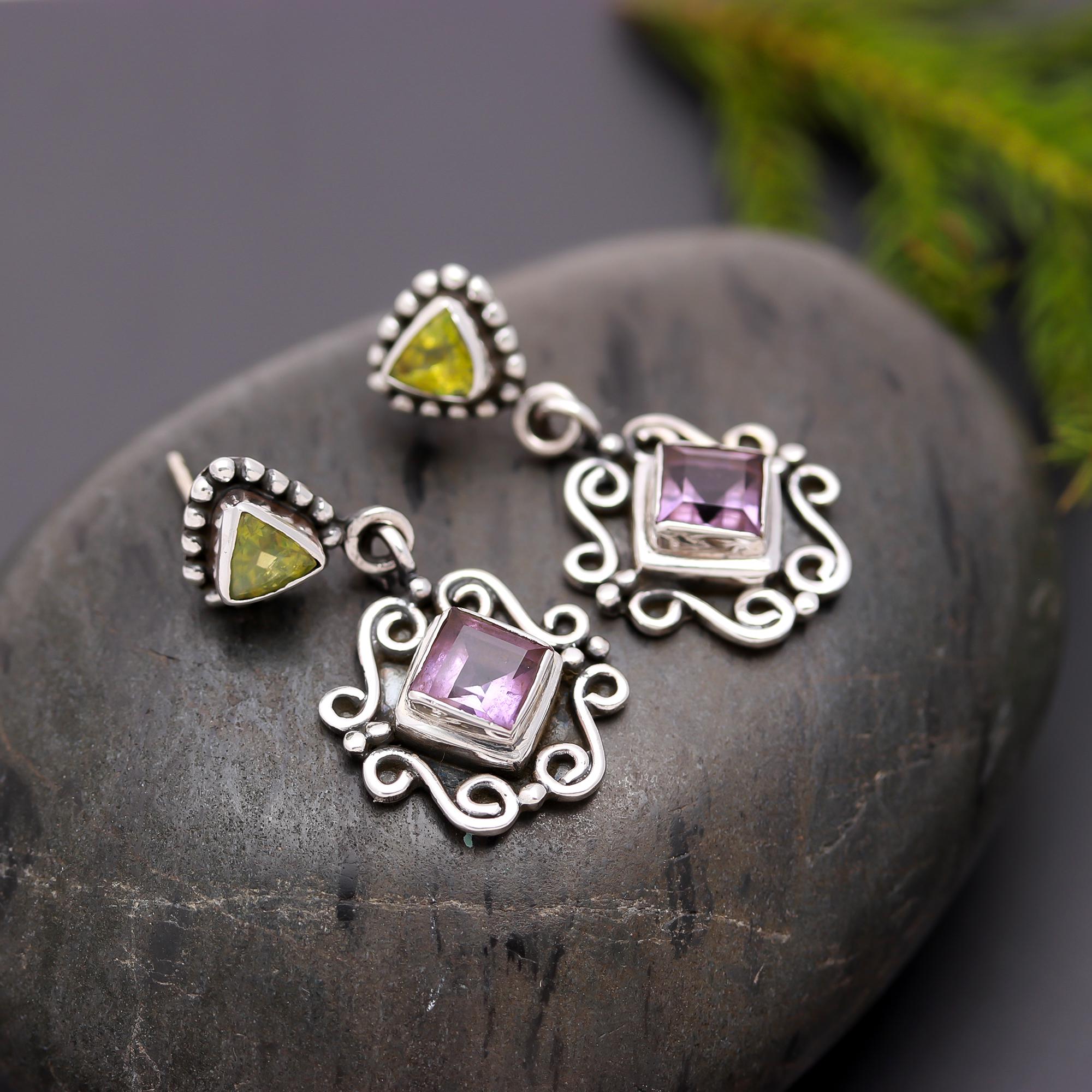925 Silver Amethyst and Peridot Drop Earrings