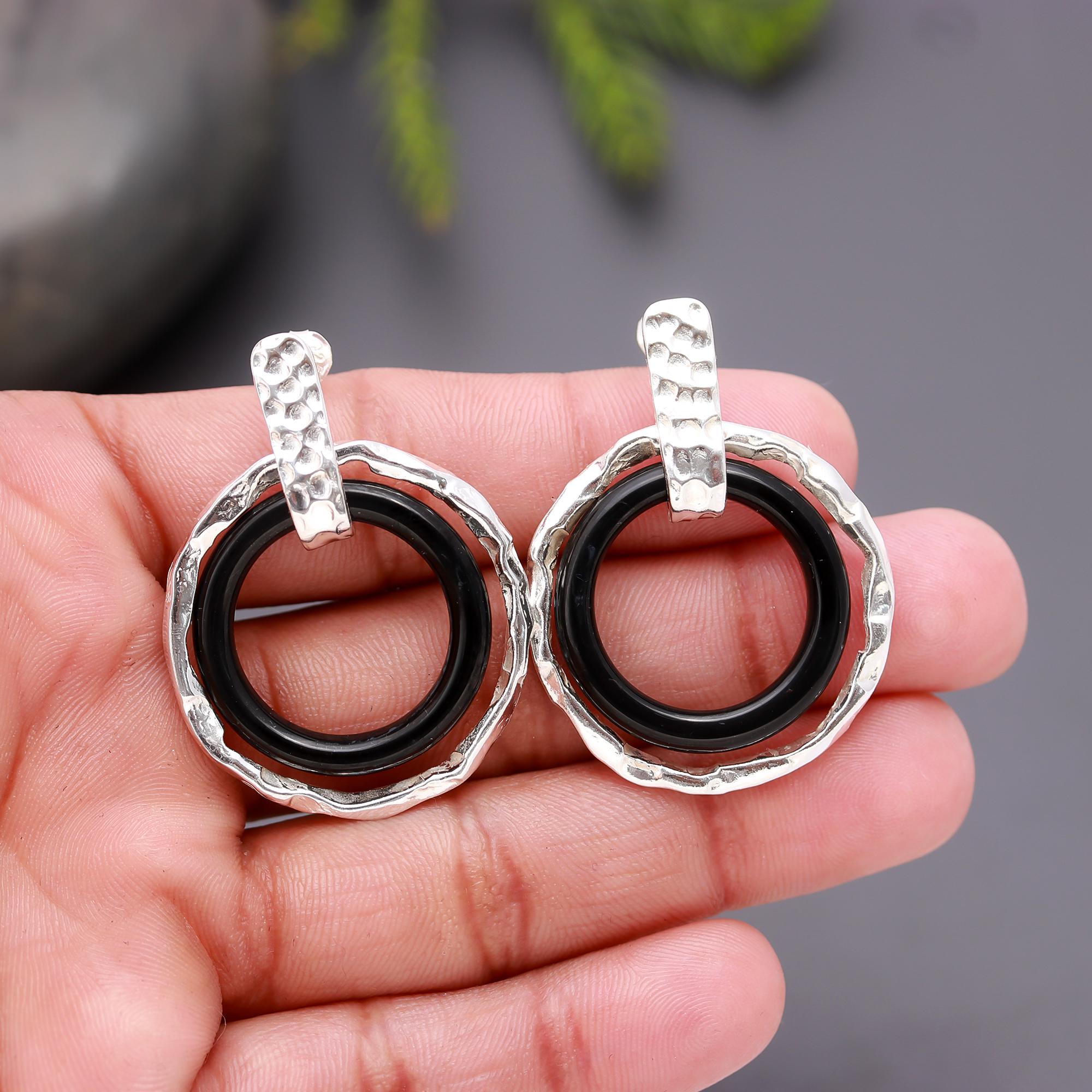 925 Silver Textured Black Onyx Hoop Stud Earrings