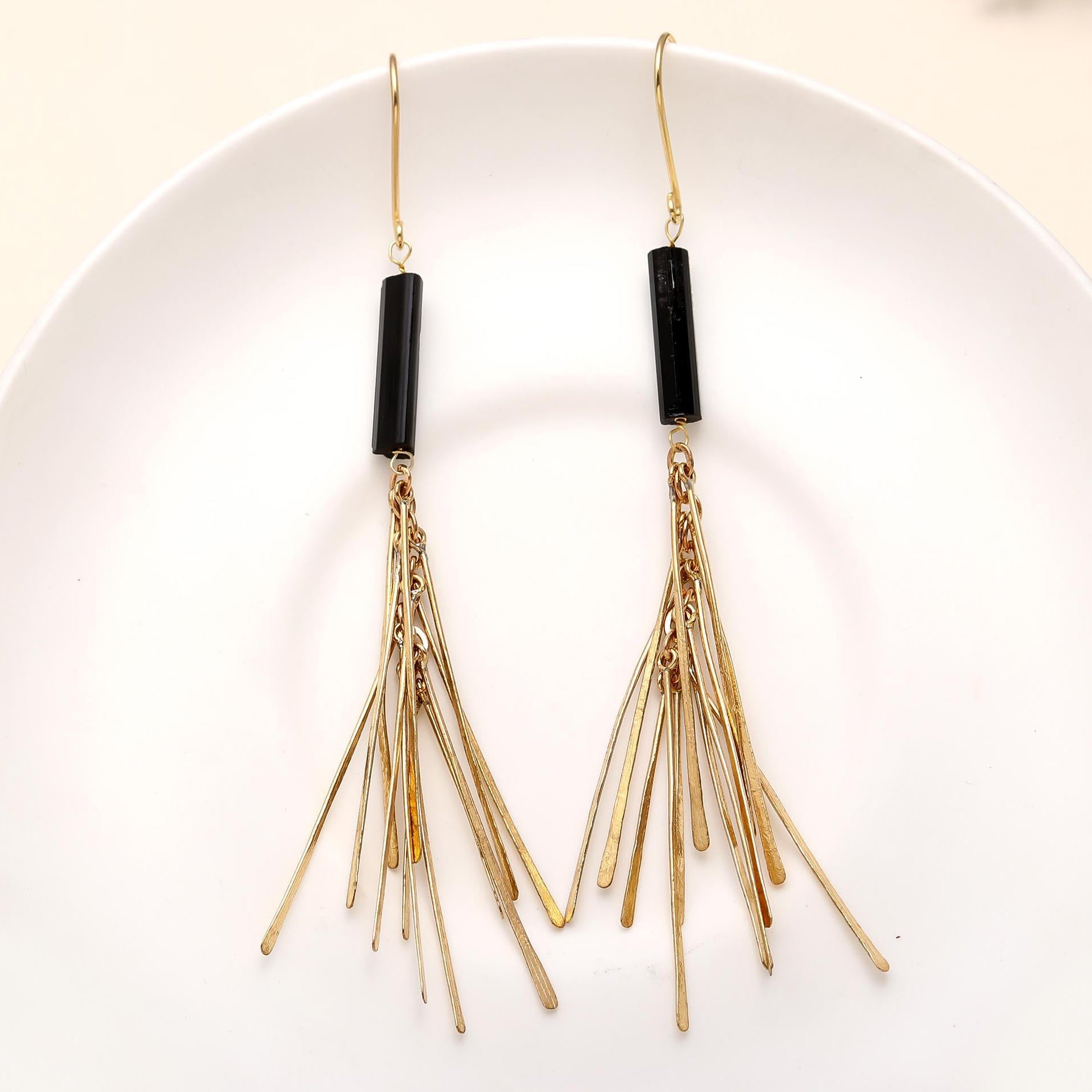 The Midnight Ray: Black Tourmaline Gold Fringe Earrings