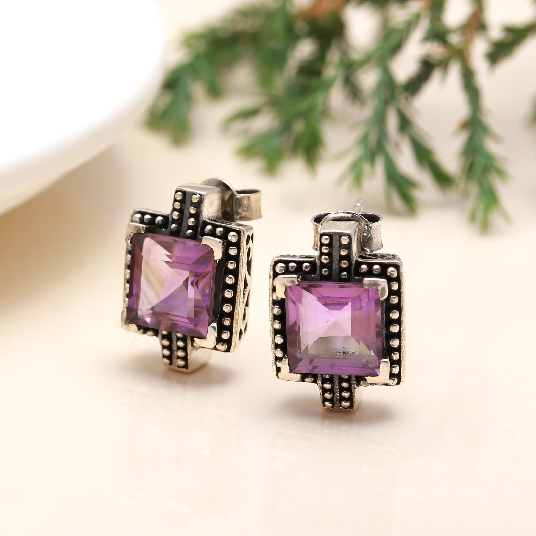 The Violet Heritage: Amethyst Oxidized Silver Studs