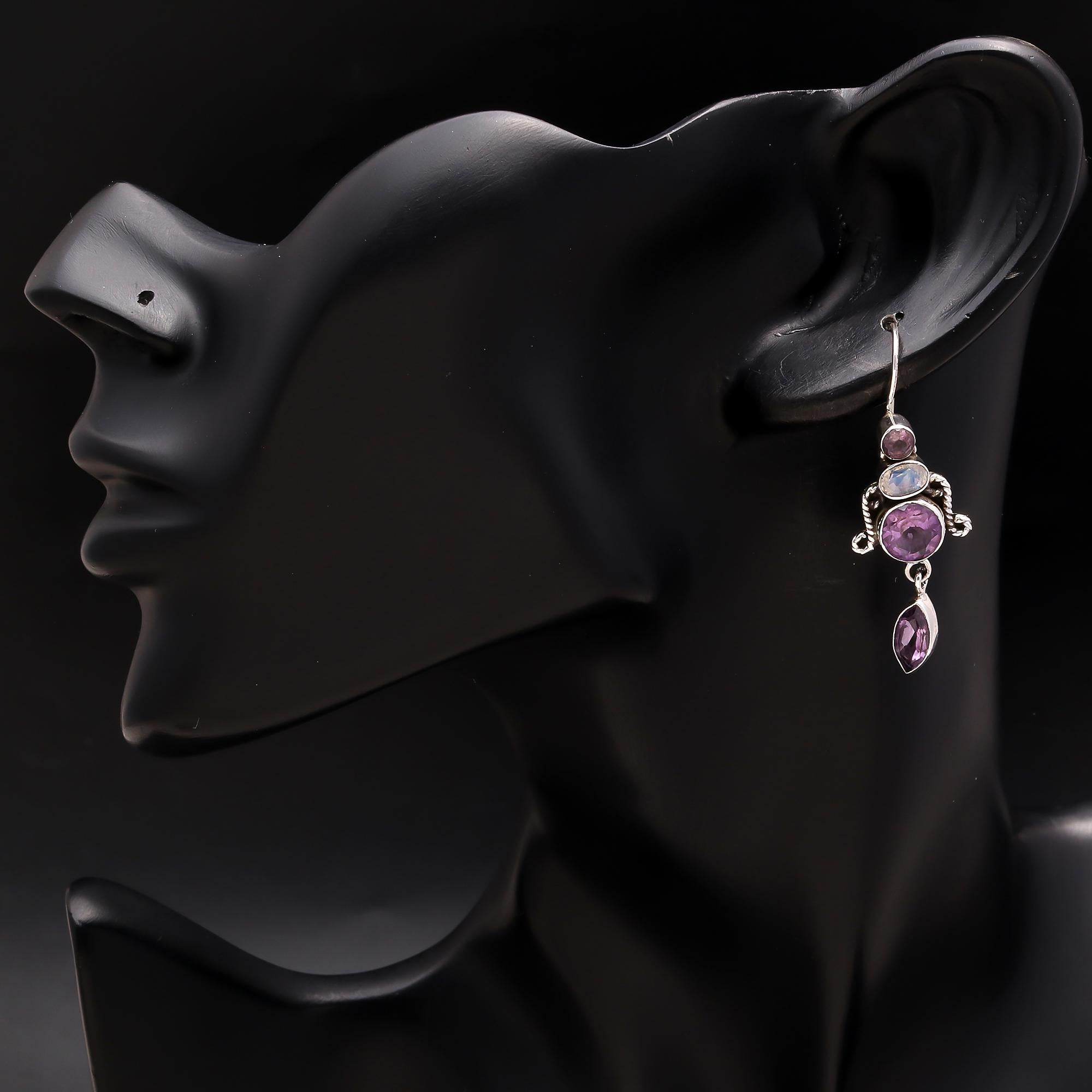 925 Silver Amethyst and Moonstone Dangle Earrings