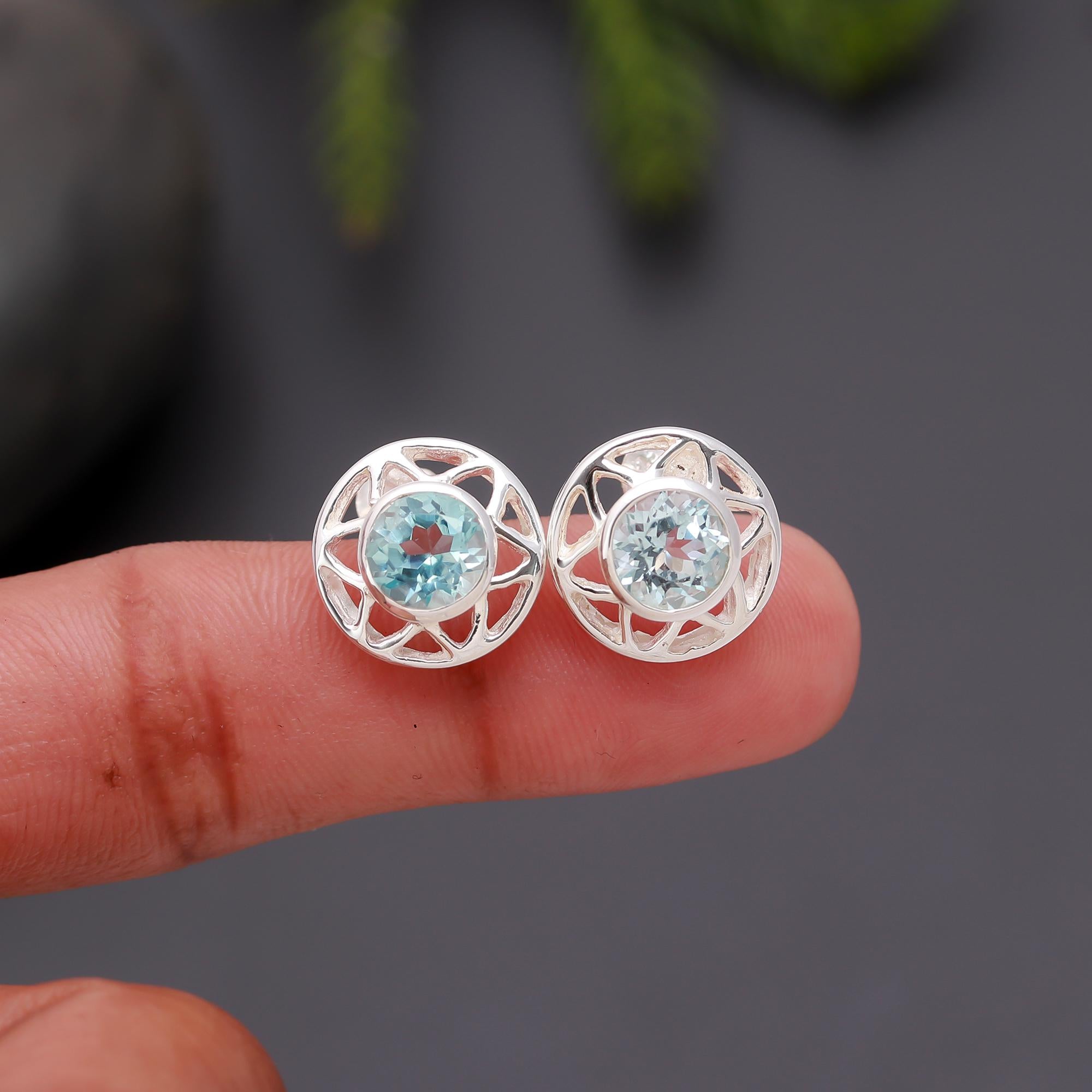 925 Silver Blue Topaz Filigree Stud Earrings