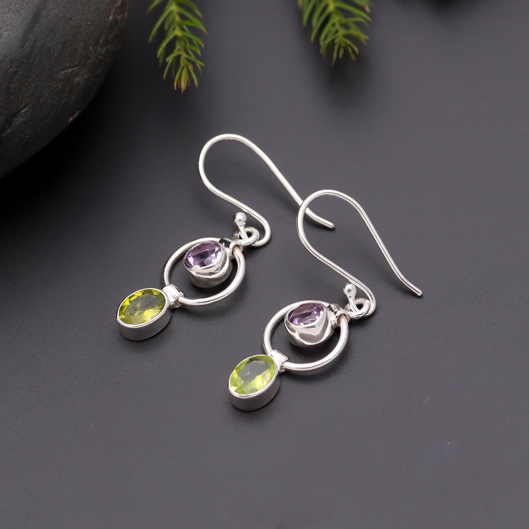925 Silver Amethyst and Peridot Circle Dangle Earrings
