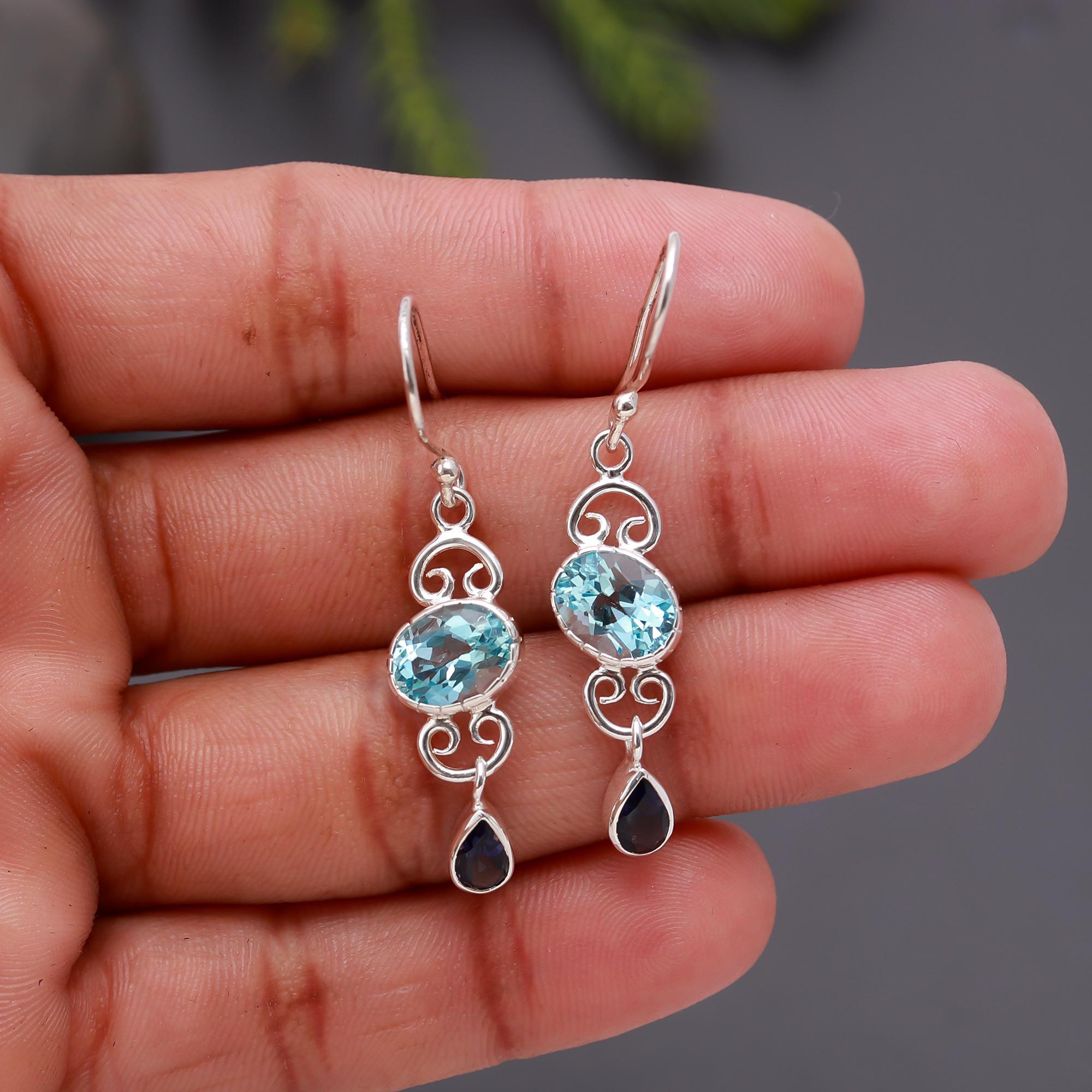 925 Silver Blue Topaz and Iolite Dangle Earrings