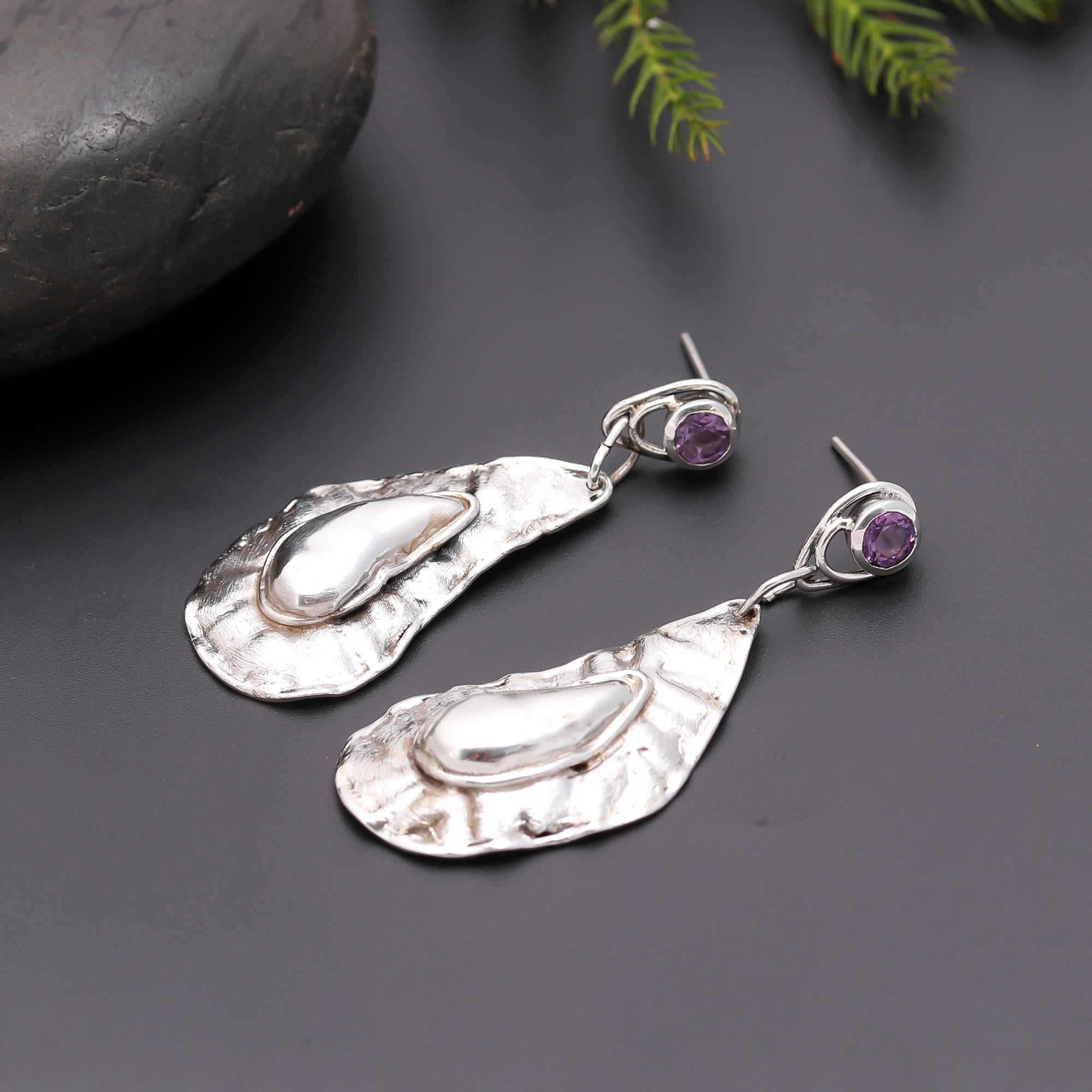 925 Silver Amethyst and Textured Abstract Drop Earrings