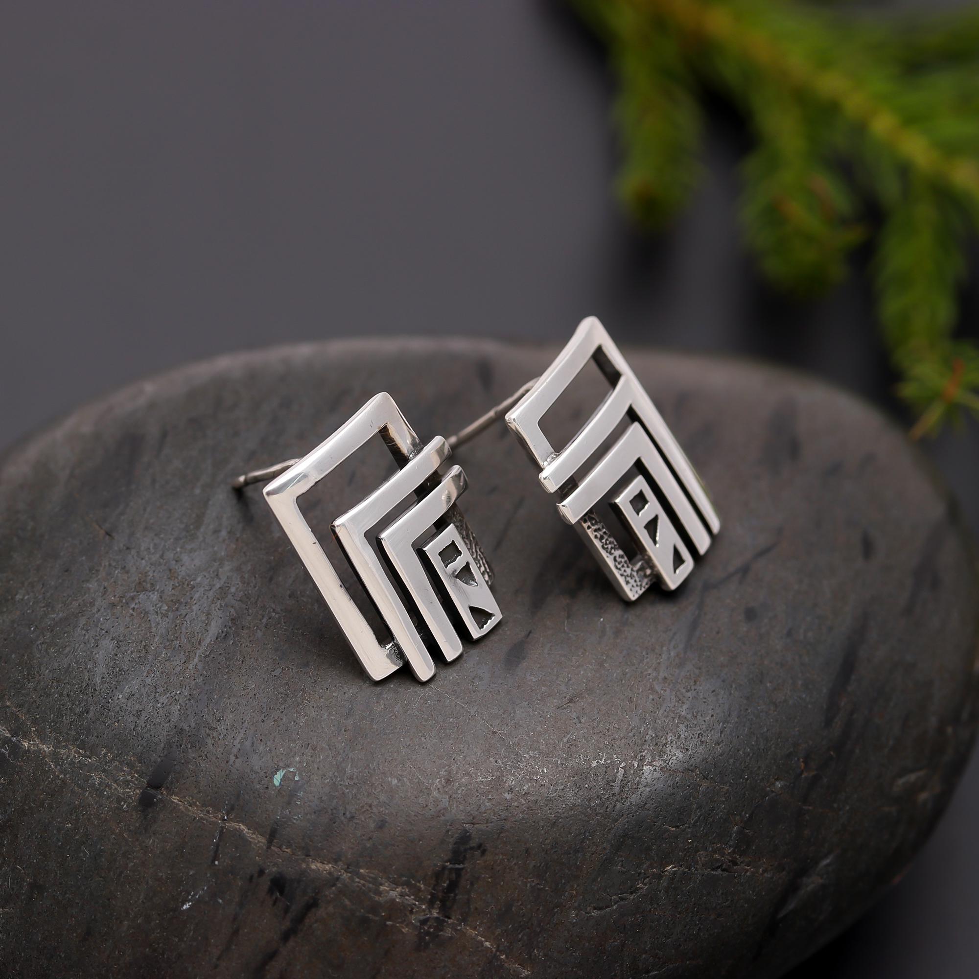 925 Silver Square Design Stud Earrings
