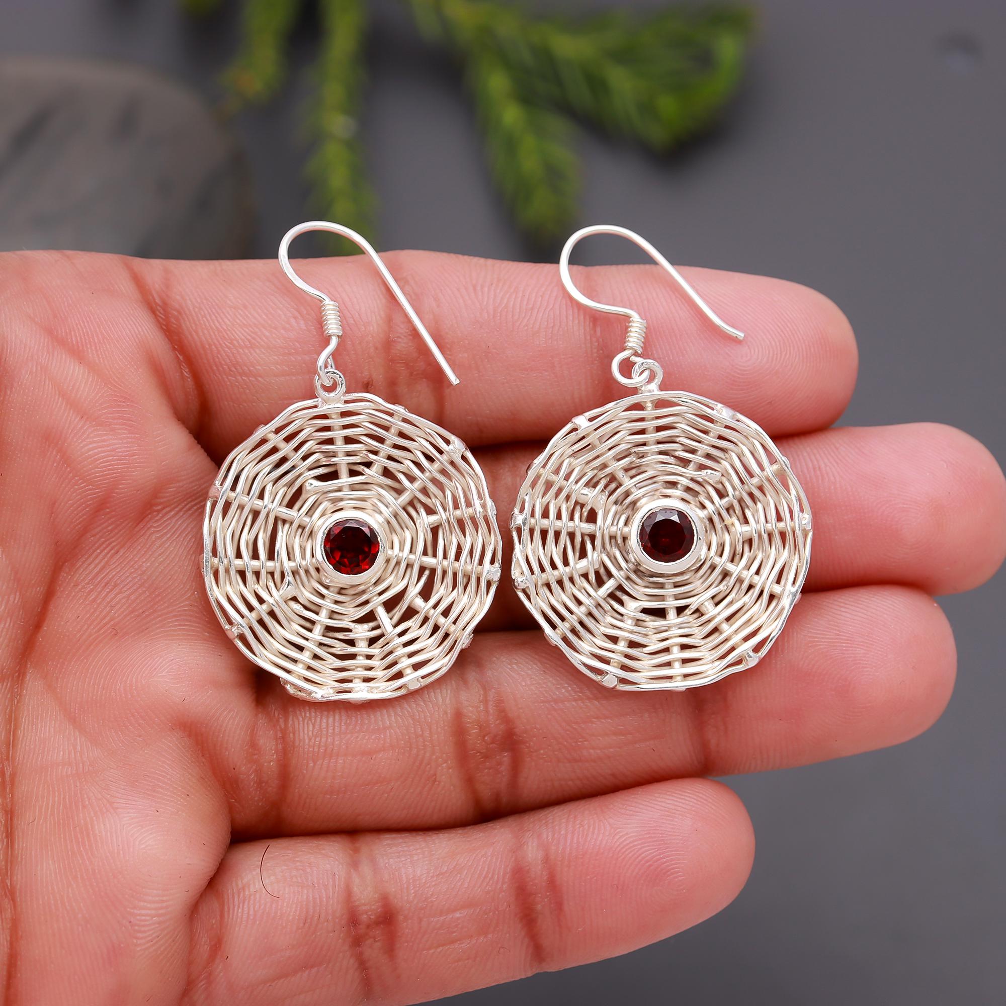 925 Silver Woven Disc Garnet Dangle Earrings