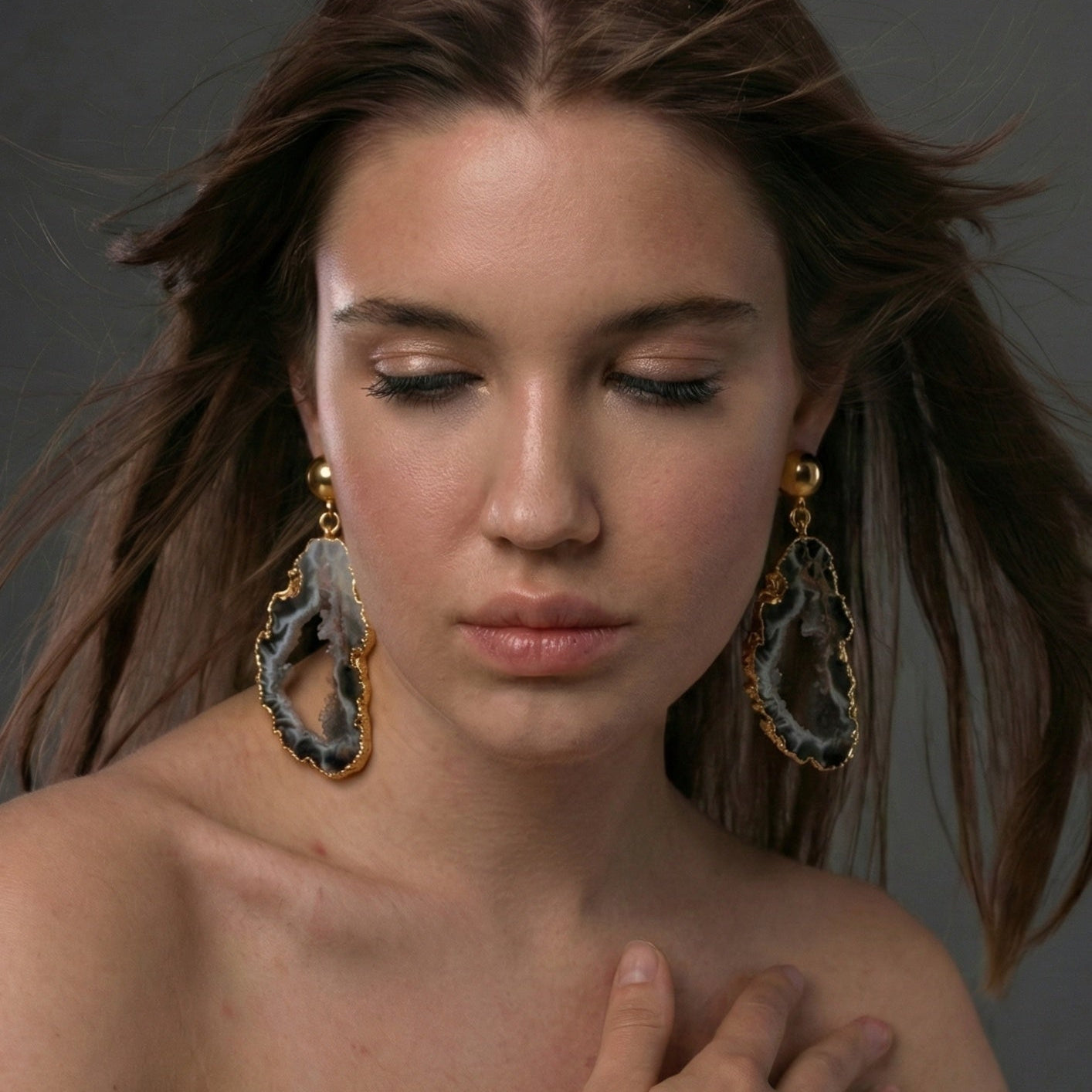 The Midnight Geode: Agate Slice Gold Earrings