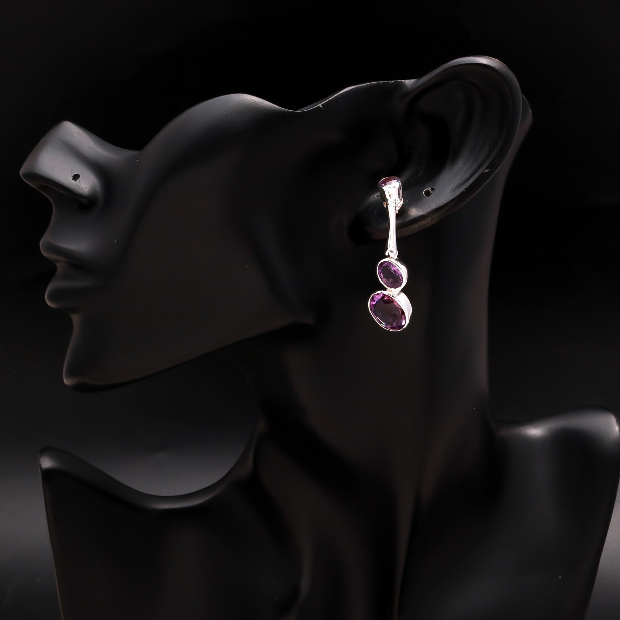 925 Silver Multi Oval Amethyst Drop Earrings