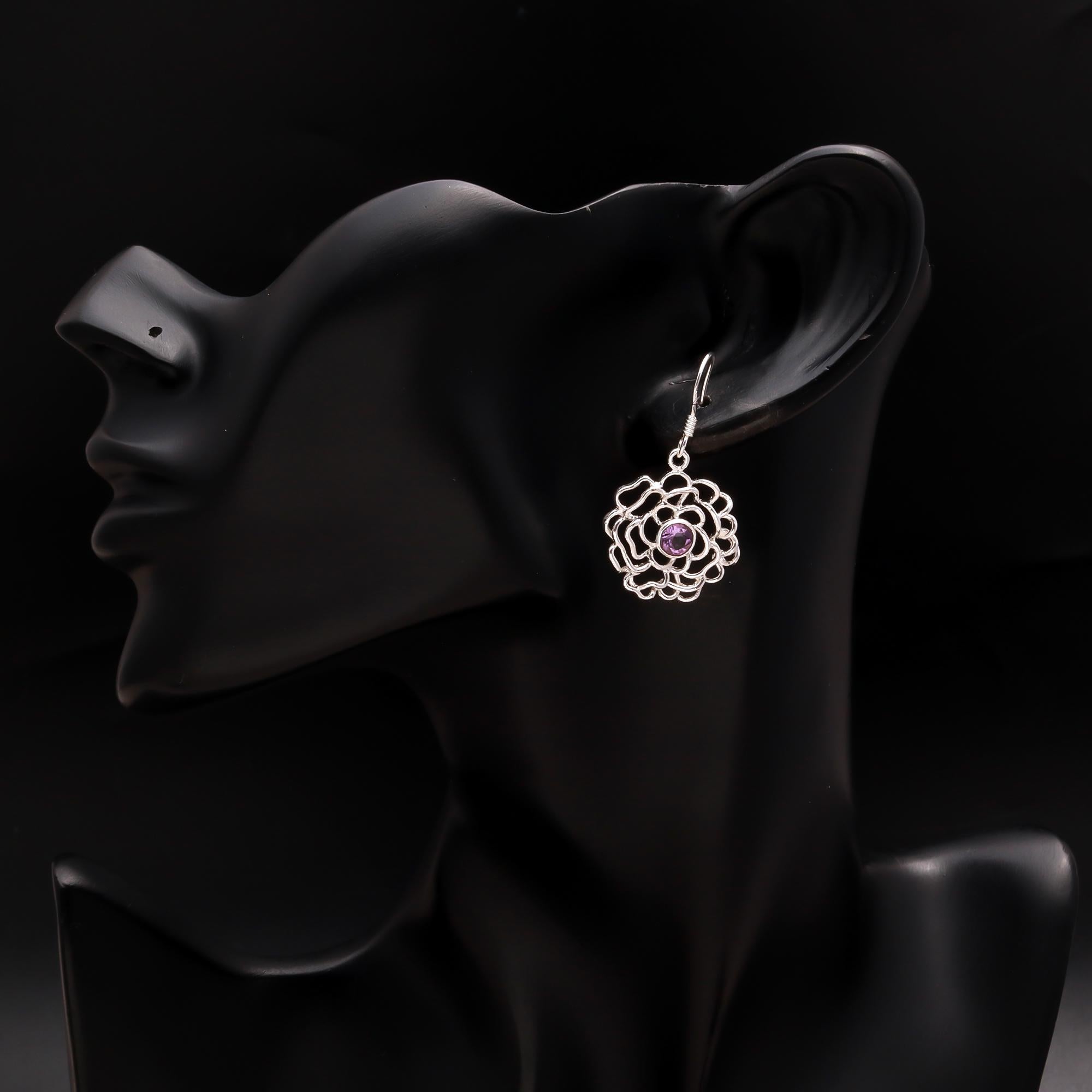925 Silver Amethyst Flower Dangle Earrings