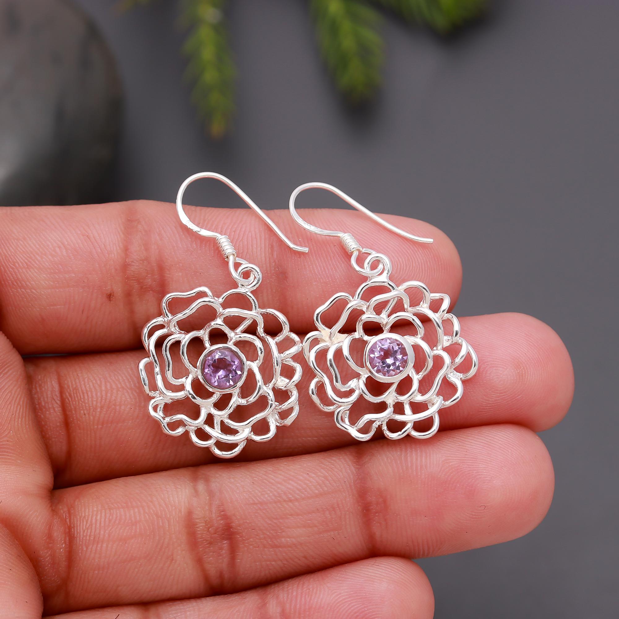 925 Silver Amethyst Flower Dangle Earrings