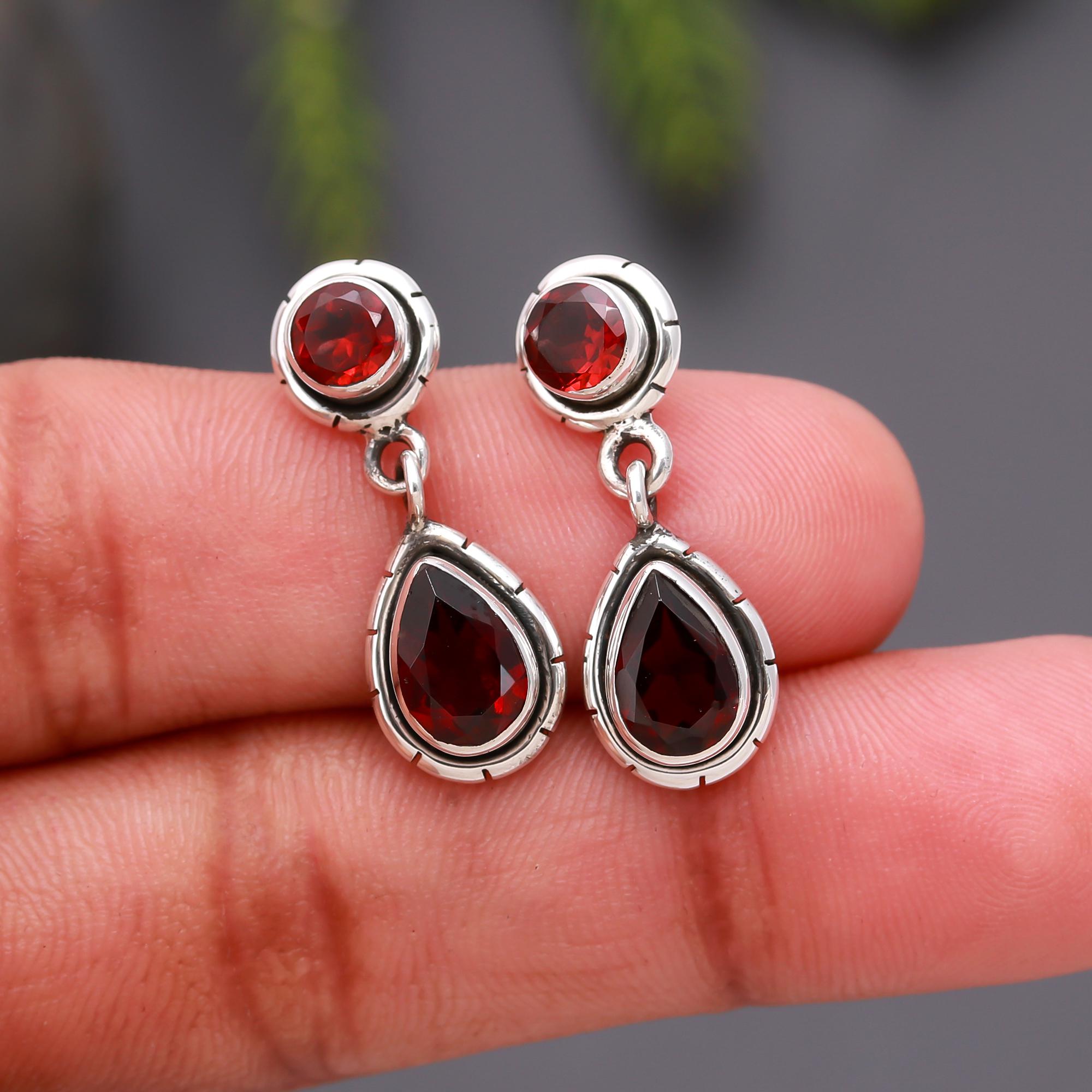 925 Silver Red Garnet Drop Earrings