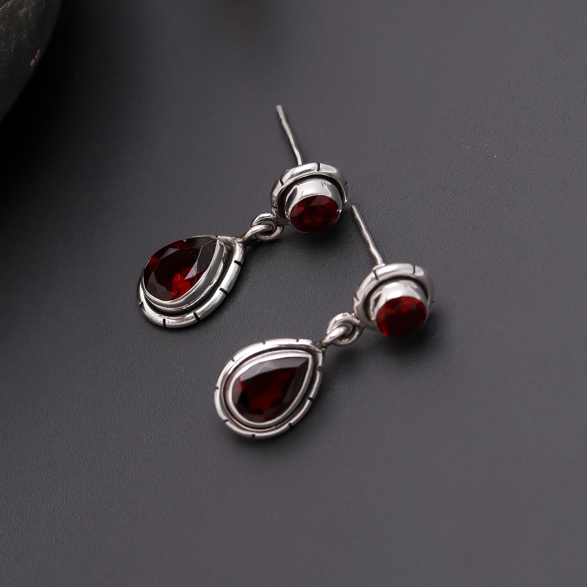 925 Silver Red Garnet Drop Earrings